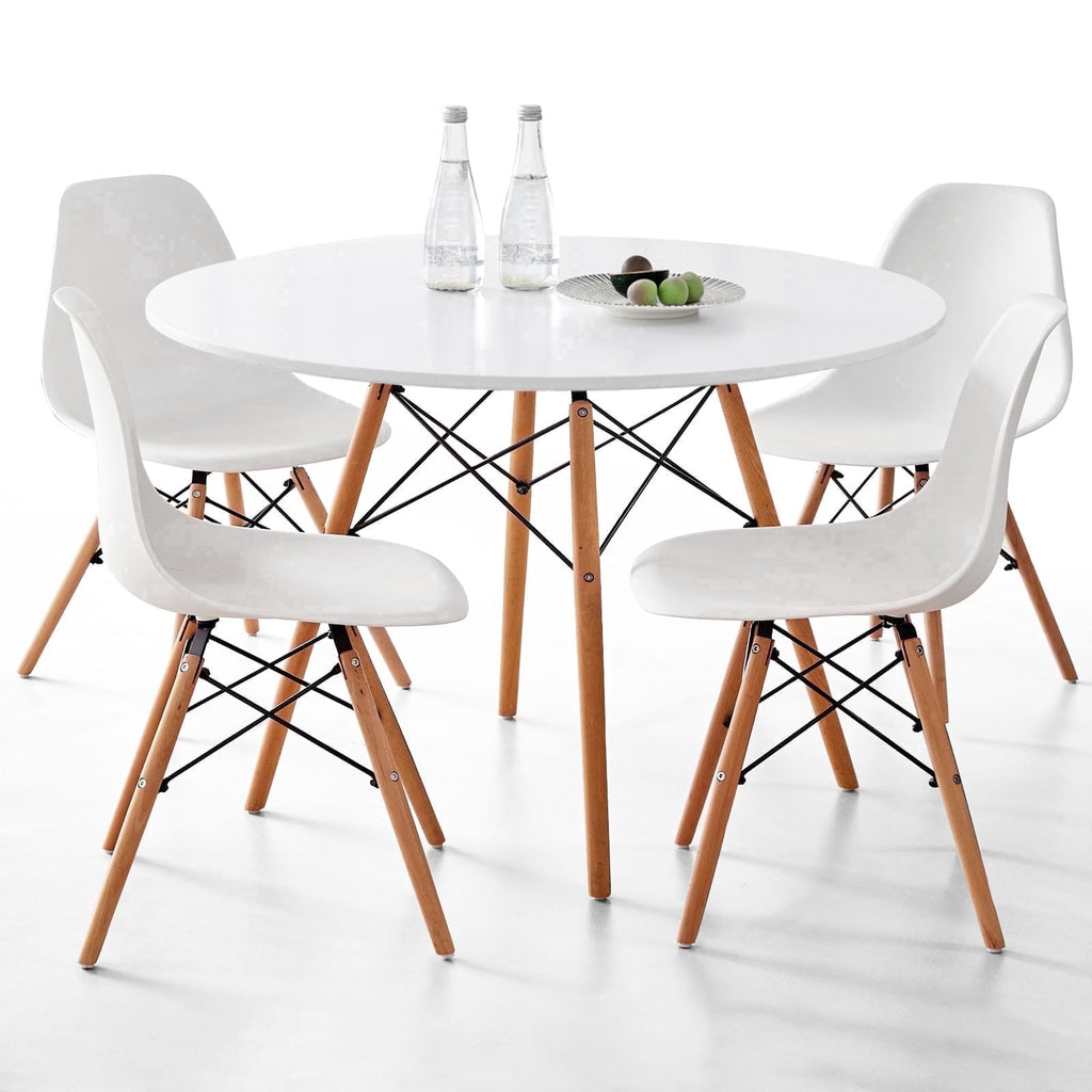 5-Piece 35.5'' Round Dining Table Set for 4, Kitchen Table Chair Set of 4, Mid-Century Modern Dinette Dining Room Table Set Dinner Table for 4 W/Solid Wood Legs, White