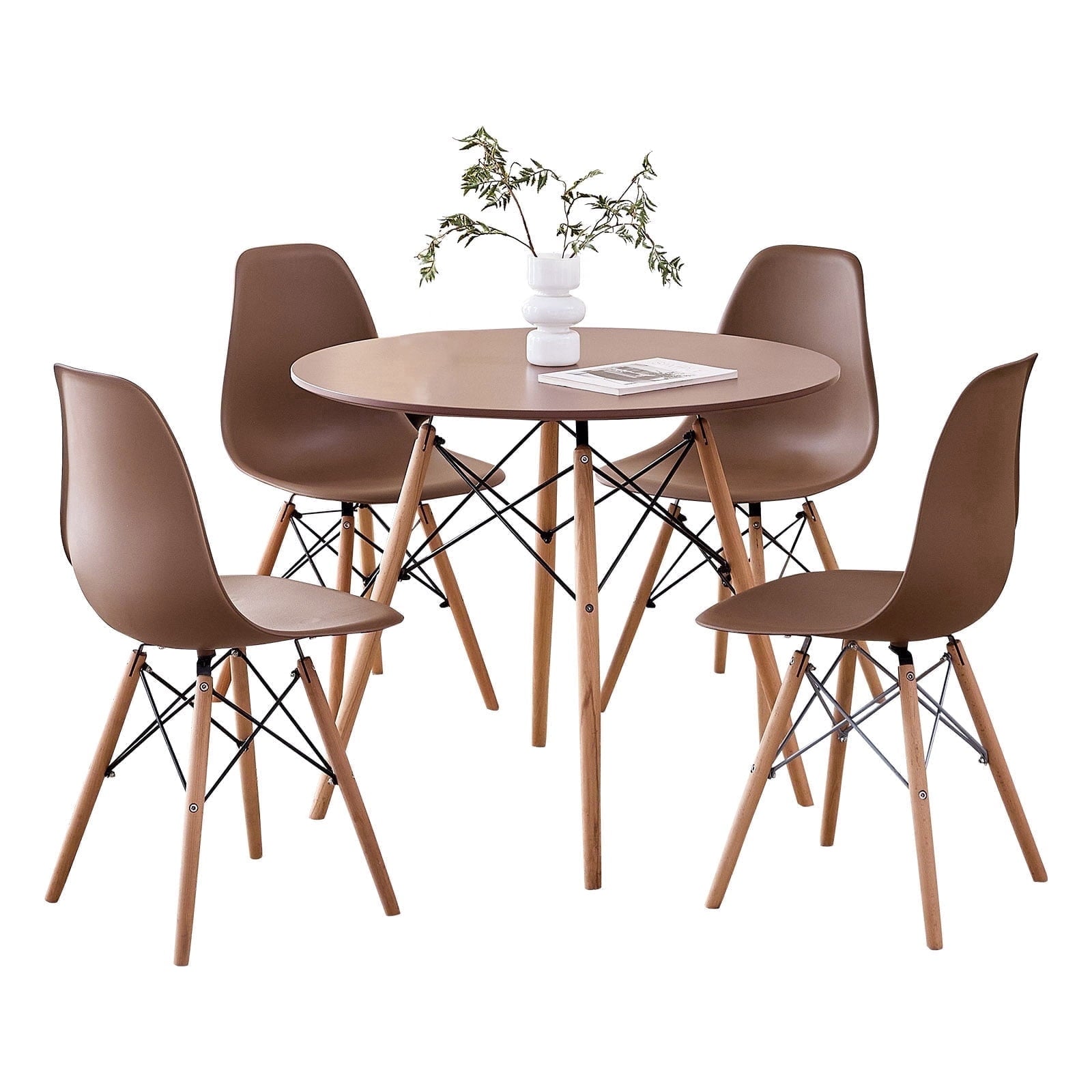 5-Piece 35.5'' Round Dining Table Set for 4, Kitchen Table Chair Set of 4, Mid-Century Modern Dinette Dining Room Table Set Dinner Table for 4 W/Solid Wood Legs, White