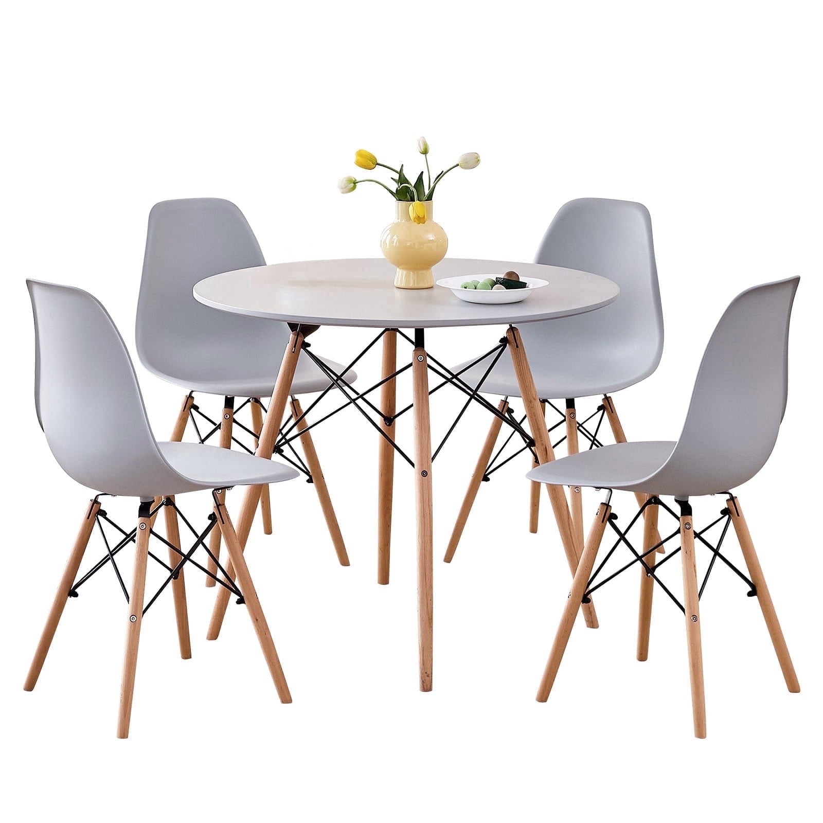 5-Piece 35.5'' Round Dining Table Set for 4, Kitchen Table Chair Set of 4, Mid-Century Modern Dinette Dining Room Table Set Dinner Table for 4 W/Solid Wood Legs, White