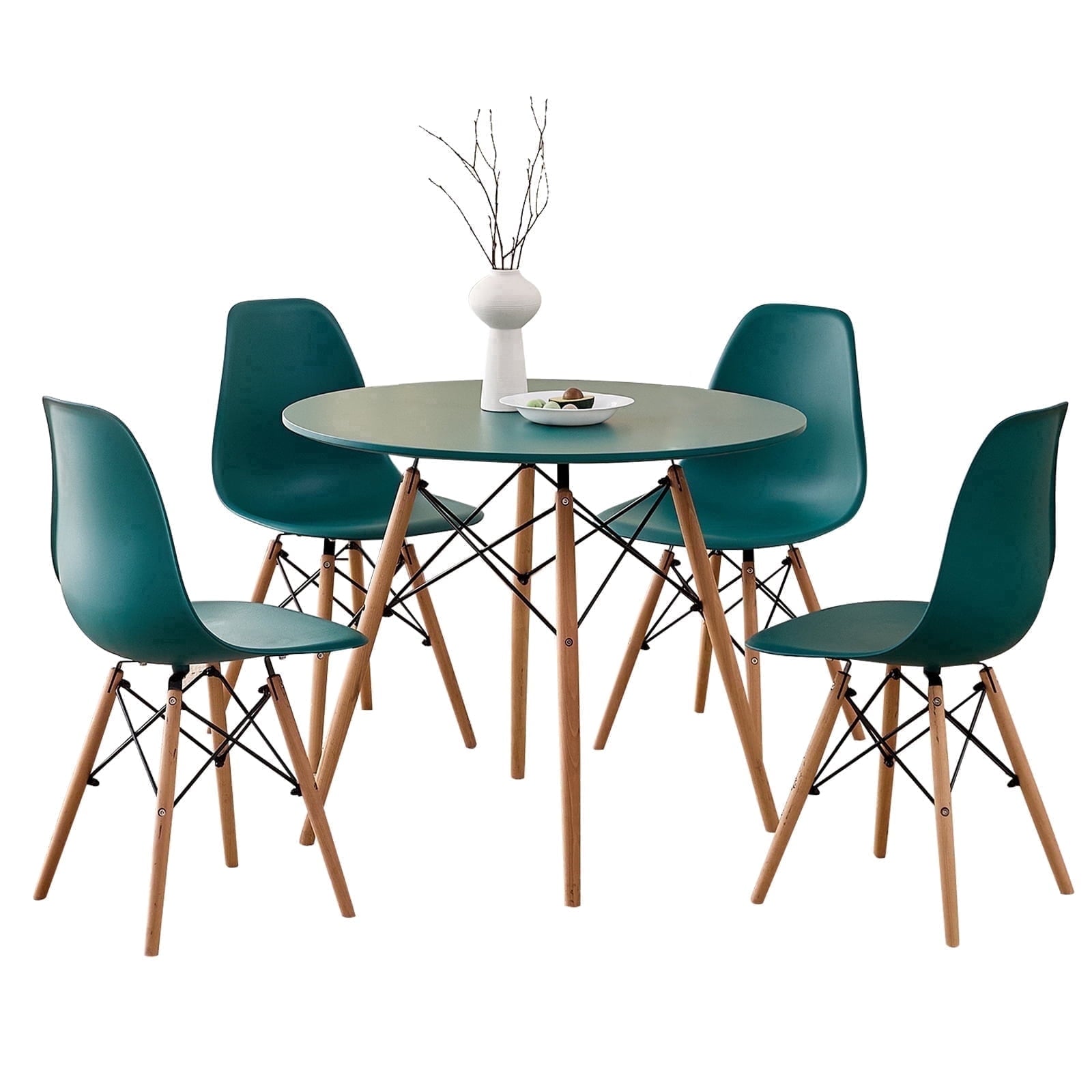 5-Piece 35.5'' Round Dining Table Set for 4, Kitchen Table Chair Set of 4, Mid-Century Modern Dinette Dining Room Table Set Dinner Table for 4 W/Solid Wood Legs, White