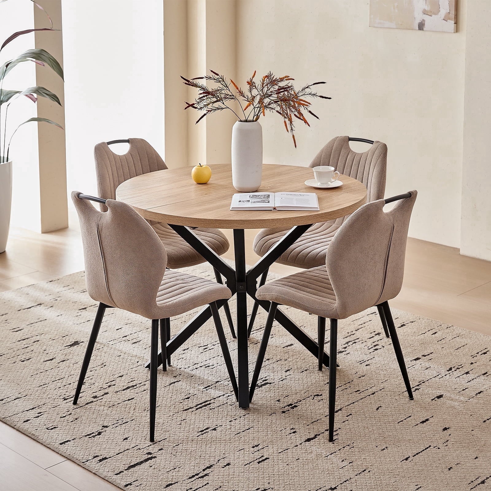 5 Piece 39 Round Dining Table Set for 4, Mid Century Kitchen Table with 4 Khaki Fabric Upholstered Dining Chairs for Apartment Living Room, Space Saving Table.