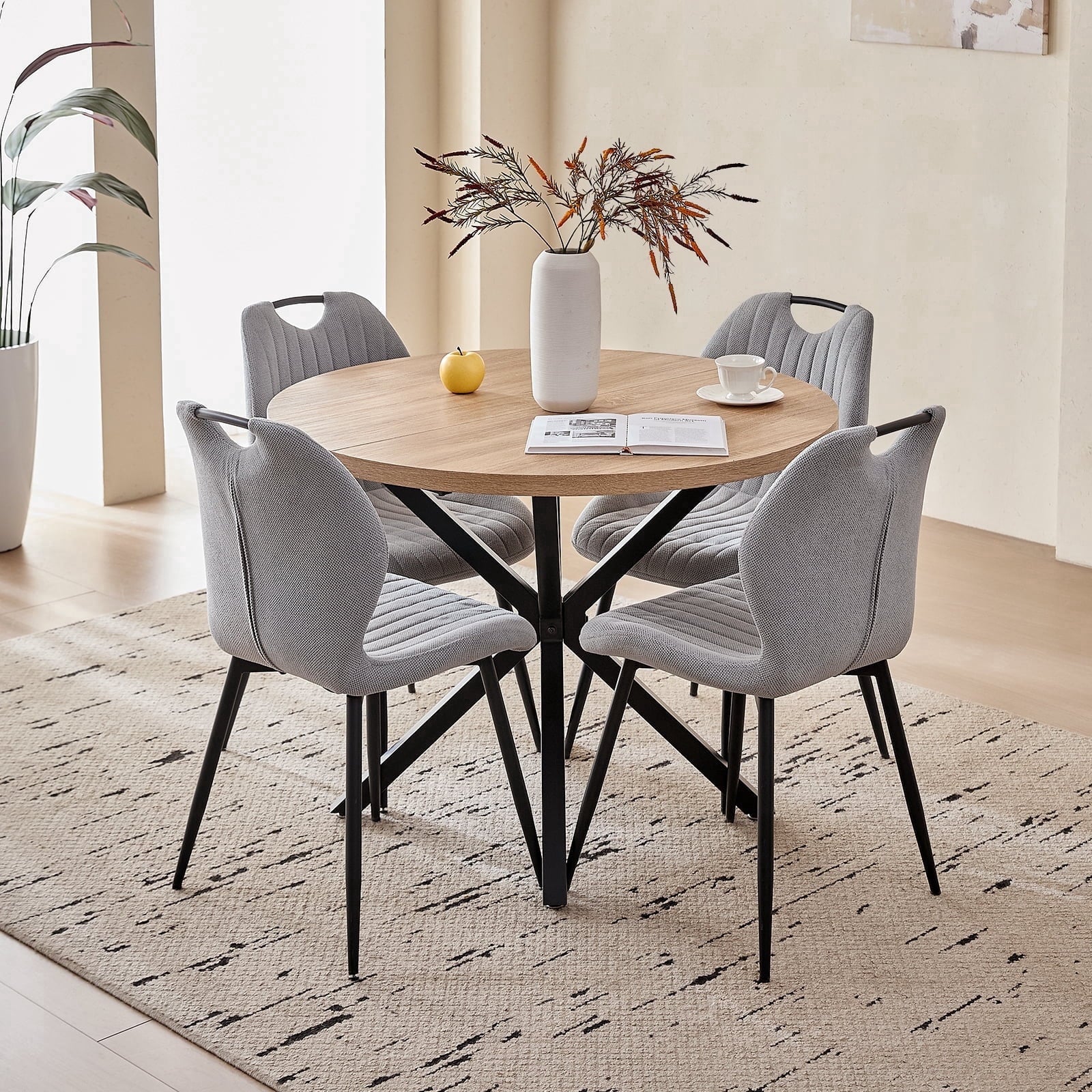 5 Piece 39 Round Dining Table Set for 4, Mid Century Kitchen Table with 4 Khaki Fabric Upholstered Dining Chairs for Apartment Living Room, Space Saving Table.