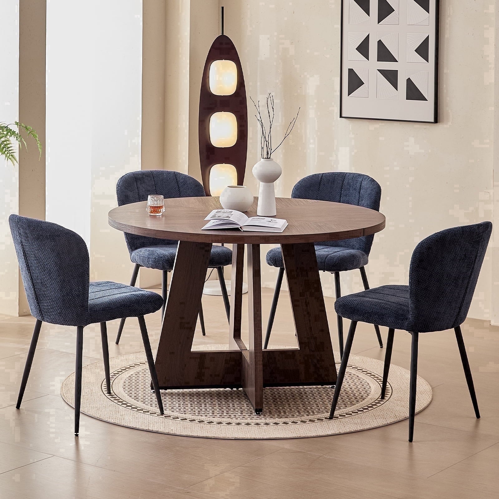 5 Piece 47'' Round Dining Table Chairs Set for 4, Farmhouse Oak Kitchen Table with 4 Boucle Mid Century Modern Dinning Room Chairs, Wood Dinner Table &Upholstered Chair Set of 4, Beige