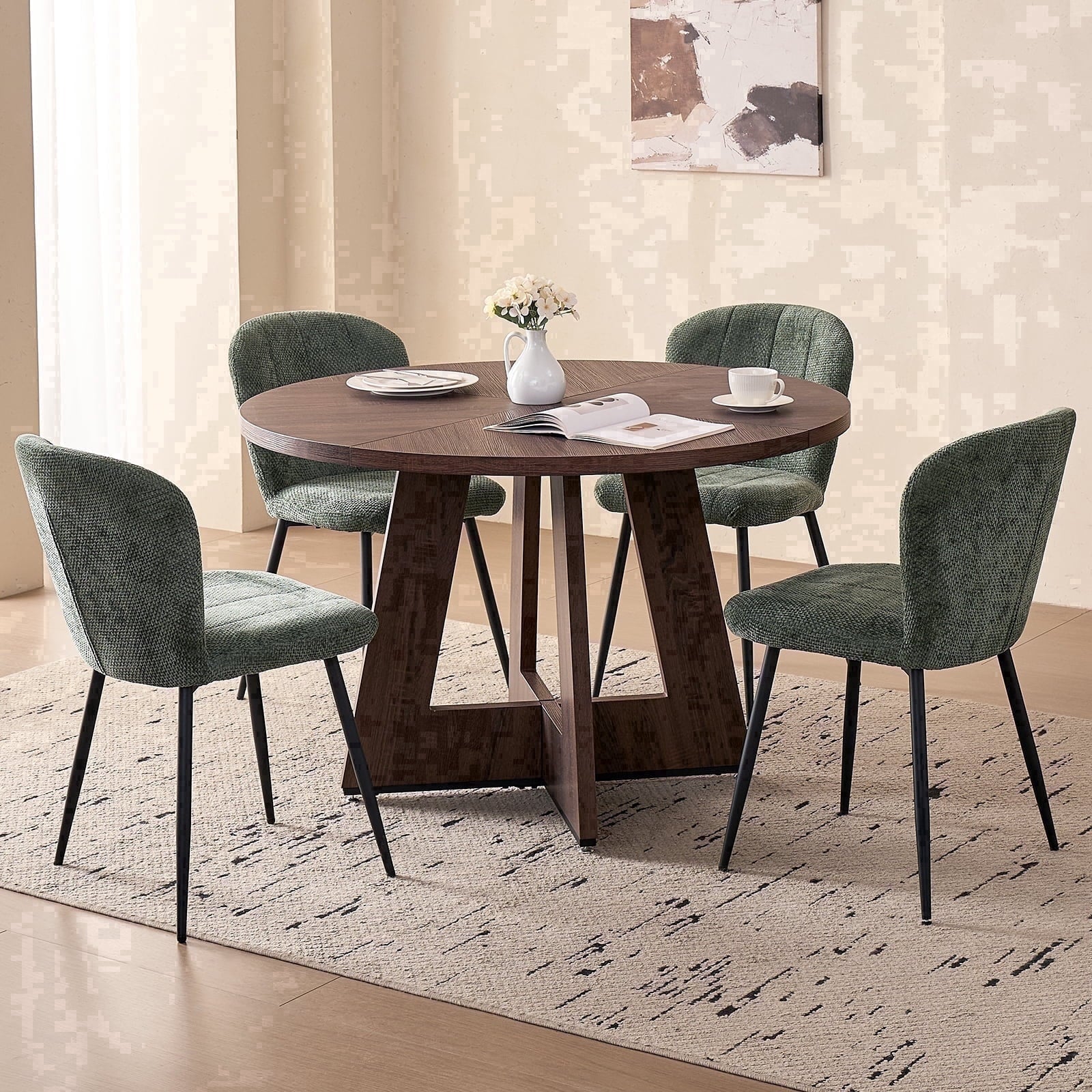 5 Piece 47'' Round Dining Table Chairs Set for 4, Farmhouse Oak Kitchen Table with 4 Boucle Mid Century Modern Dinning Room Chairs, Wood Dinner Table &Upholstered Chair Set of 4, Beige