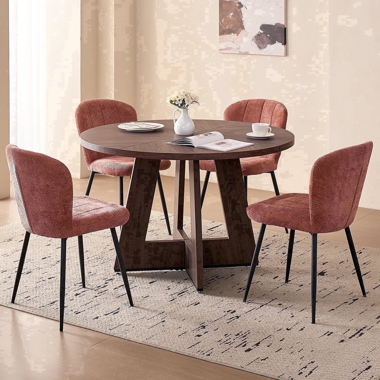 5 Piece 47'' Round Dining Table Chairs Set for 4, Farmhouse Oak Kitchen Table with 4 Boucle Mid Century Modern Dinning Room Chairs, Wood Dinner Table &Upholstered Chair Set of 4, Beige