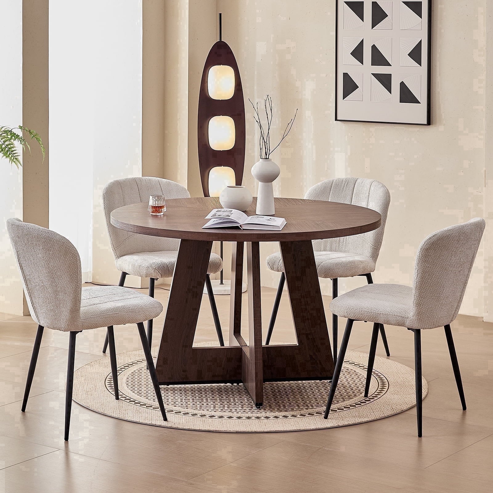 5 Piece 47'' Round Dining Table Chairs Set for 4, Farmhouse Oak Kitchen Table with 4 Boucle Mid Century Modern Dinning Room Chairs, Wood Dinner Table &Upholstered Chair Set of 4, Beige