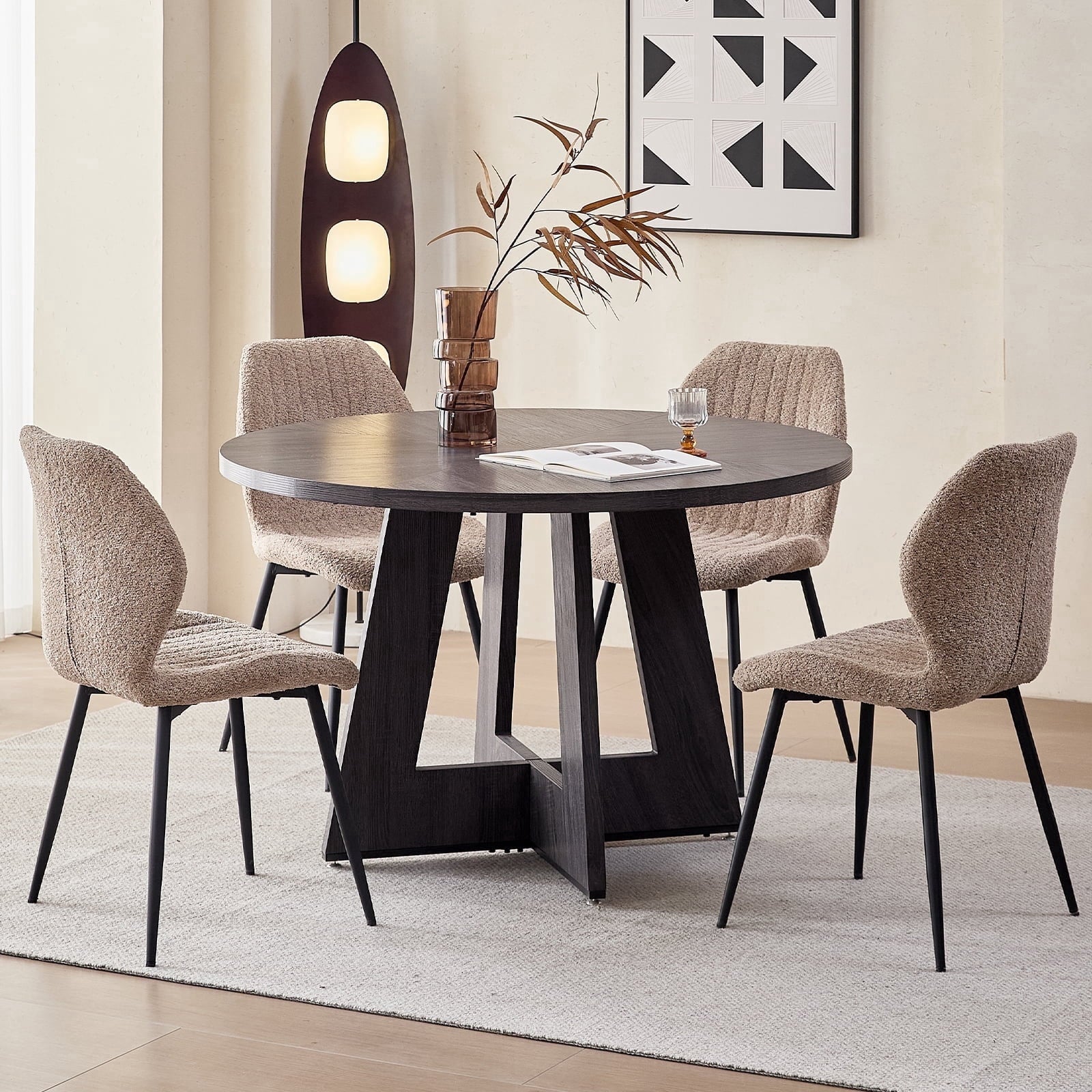 5 Piece 47'' Round Dining Table Chairs Set for 4, Farmhouse Oak Kitchen Table with 4 Boucle Mid Century Modern Dinning Room Chairs, Wood Dinner Table &Upholstered Chair Set of 4, Beige