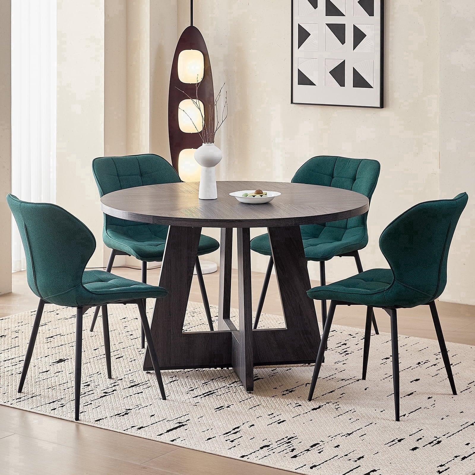 5 Piece 47'' Round Dining Table Chairs Set for 4, Farmhouse Oak Kitchen Table with 4 Boucle Mid Century Modern Dinning Room Chairs, Wood Dinner Table &Upholstered Chair Set of 4, Beige