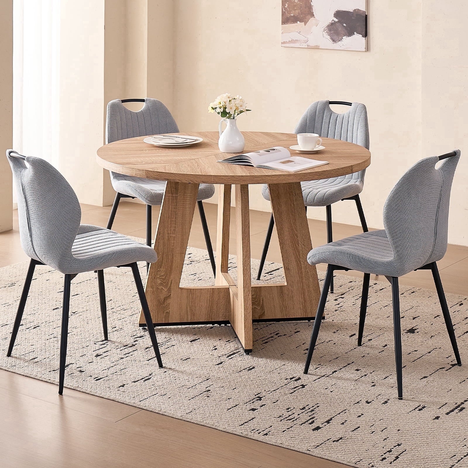 5 Piece 47'' Round Dining Table Chairs Set for 4, Farmhouse Oak Kitchen Table with 4 Boucle Mid Century Modern Dinning Room Chairs, Wood Dinner Table &Upholstered Chair Set of 4, Beige