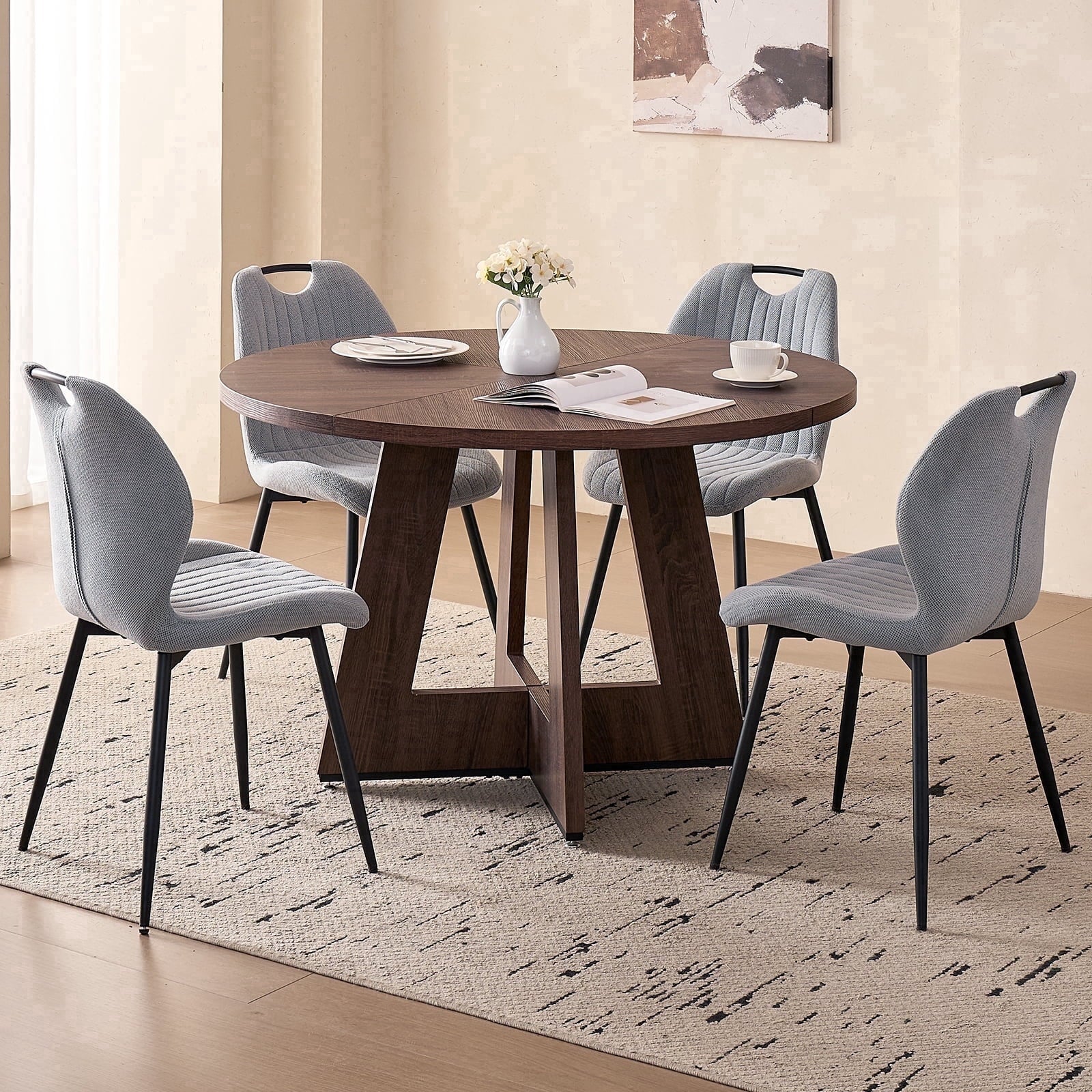 5 Piece 47'' Round Dining Table Chairs Set for 4, Farmhouse Oak Kitchen Table with 4 Boucle Mid Century Modern Dinning Room Chairs, Wood Dinner Table &Upholstered Chair Set of 4, Beige