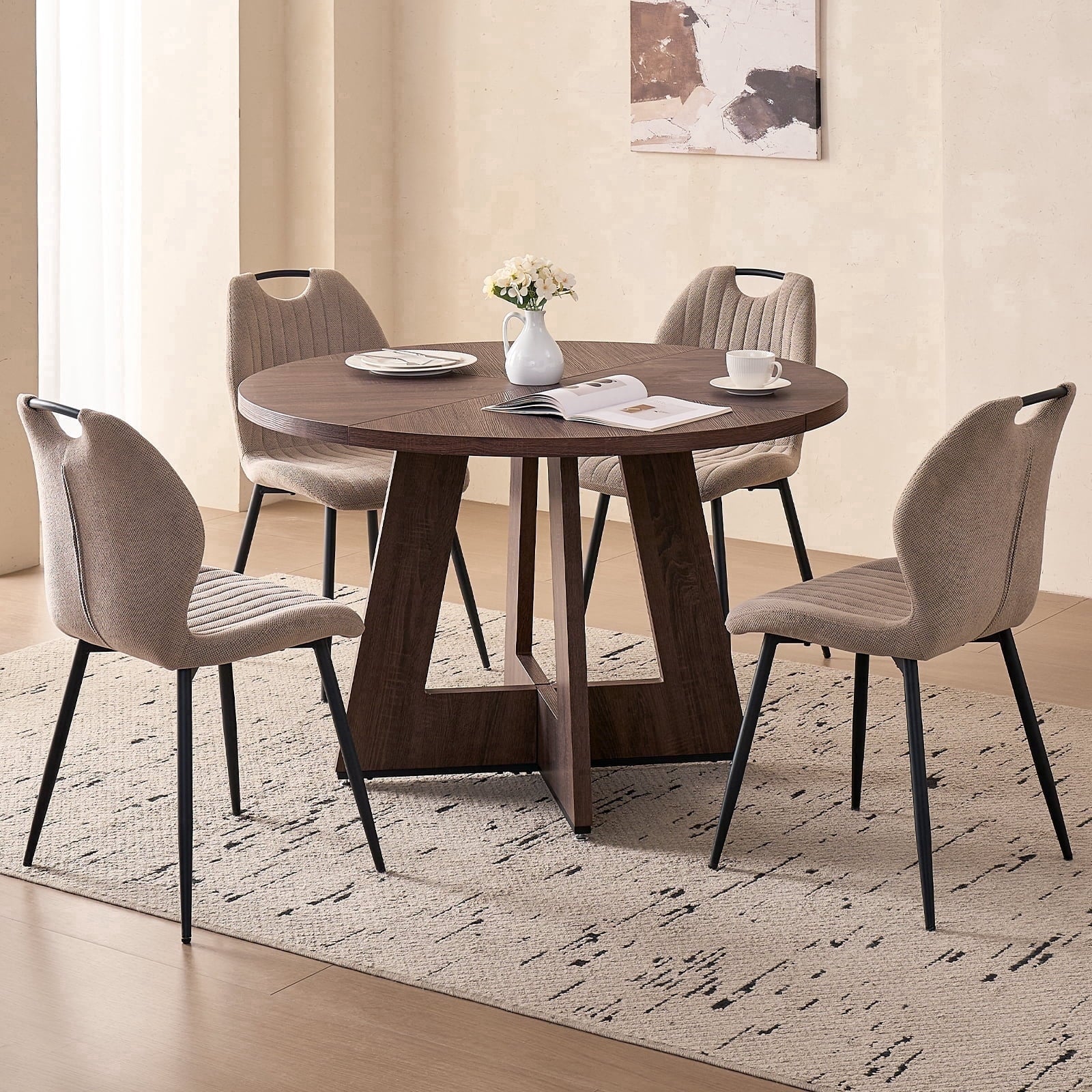 5 Piece 47'' Round Dining Table Chairs Set for 4, Farmhouse Oak Kitchen Table with 4 Boucle Mid Century Modern Dinning Room Chairs, Wood Dinner Table &Upholstered Chair Set of 4, Beige