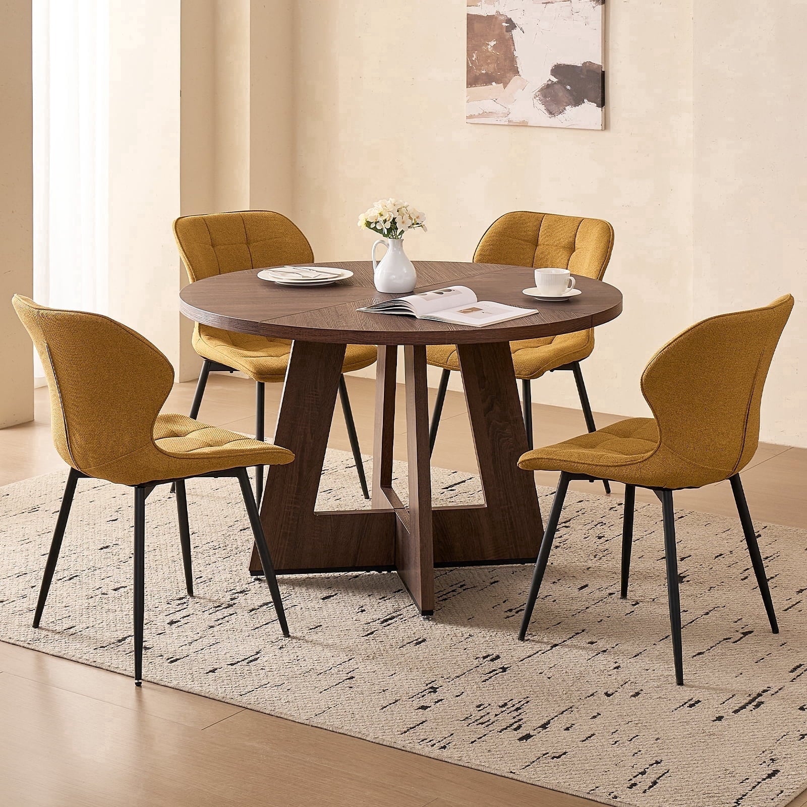 5 Piece 47'' Round Dining Table Chairs Set for 4, Farmhouse Oak Kitchen Table with 4 Boucle Mid Century Modern Dinning Room Chairs, Wood Dinner Table &Upholstered Chair Set of 4, Beige