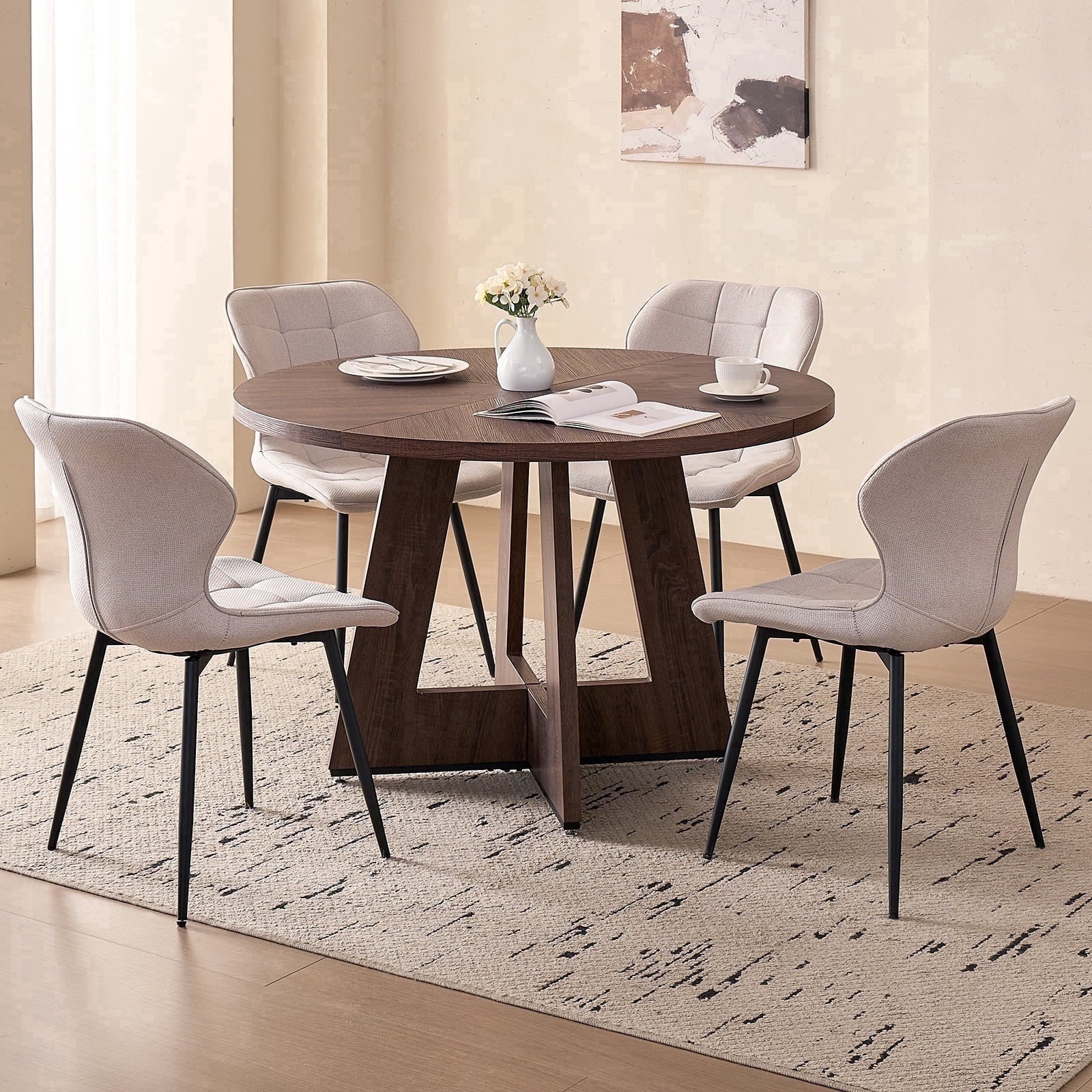 5 Piece 47'' Round Dining Table Chairs Set for 4, Farmhouse Oak Kitchen Table with 4 Boucle Mid Century Modern Dinning Room Chairs, Wood Dinner Table &Upholstered Chair Set of 4, Beige