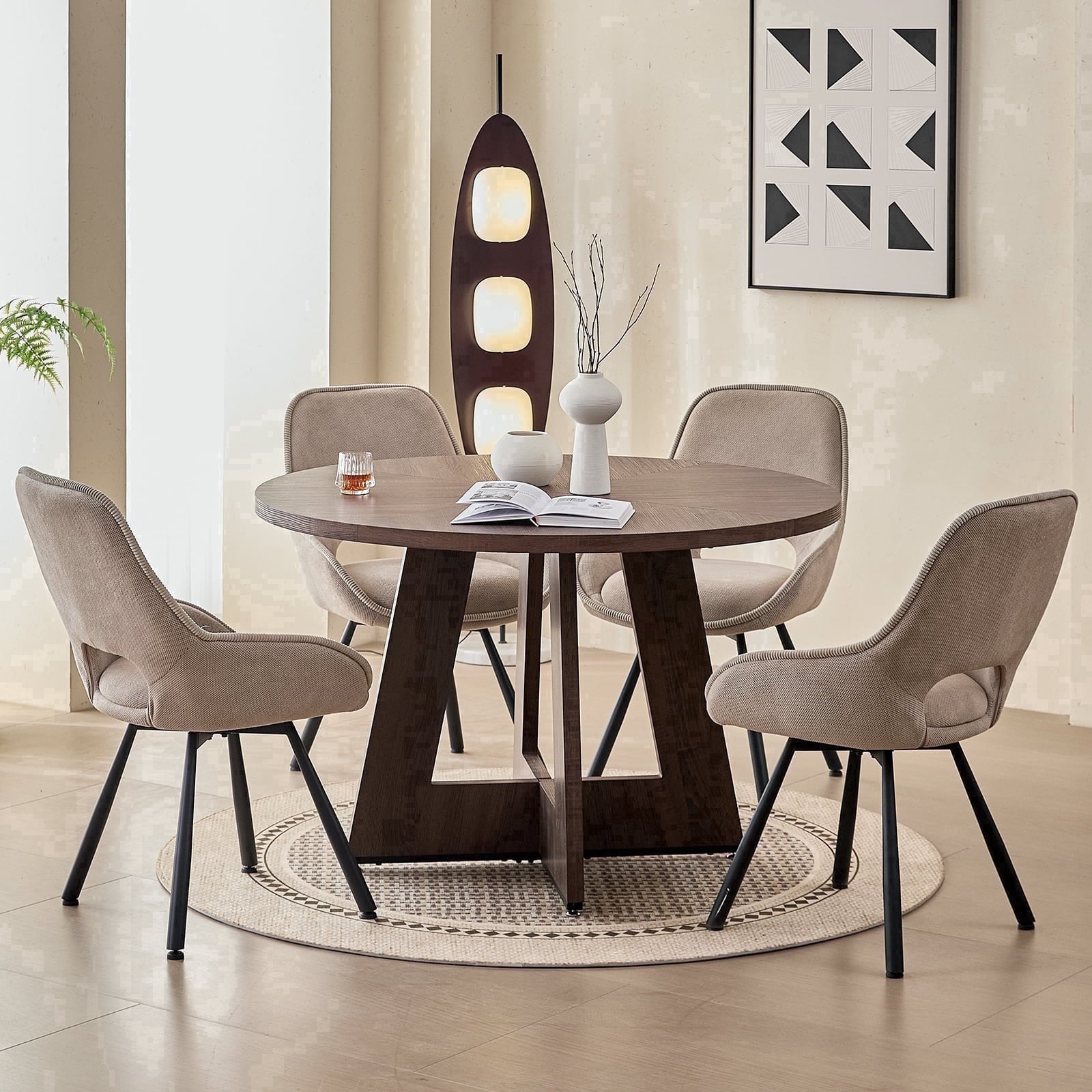 5 Piece 47'' Round Dining Table Chairs Set for 4, Farmhouse Oak Kitchen Table with 4 Boucle Mid Century Modern Dinning Room Chairs, Wood Dinner Table &Upholstered Chair Set of 4, Beige