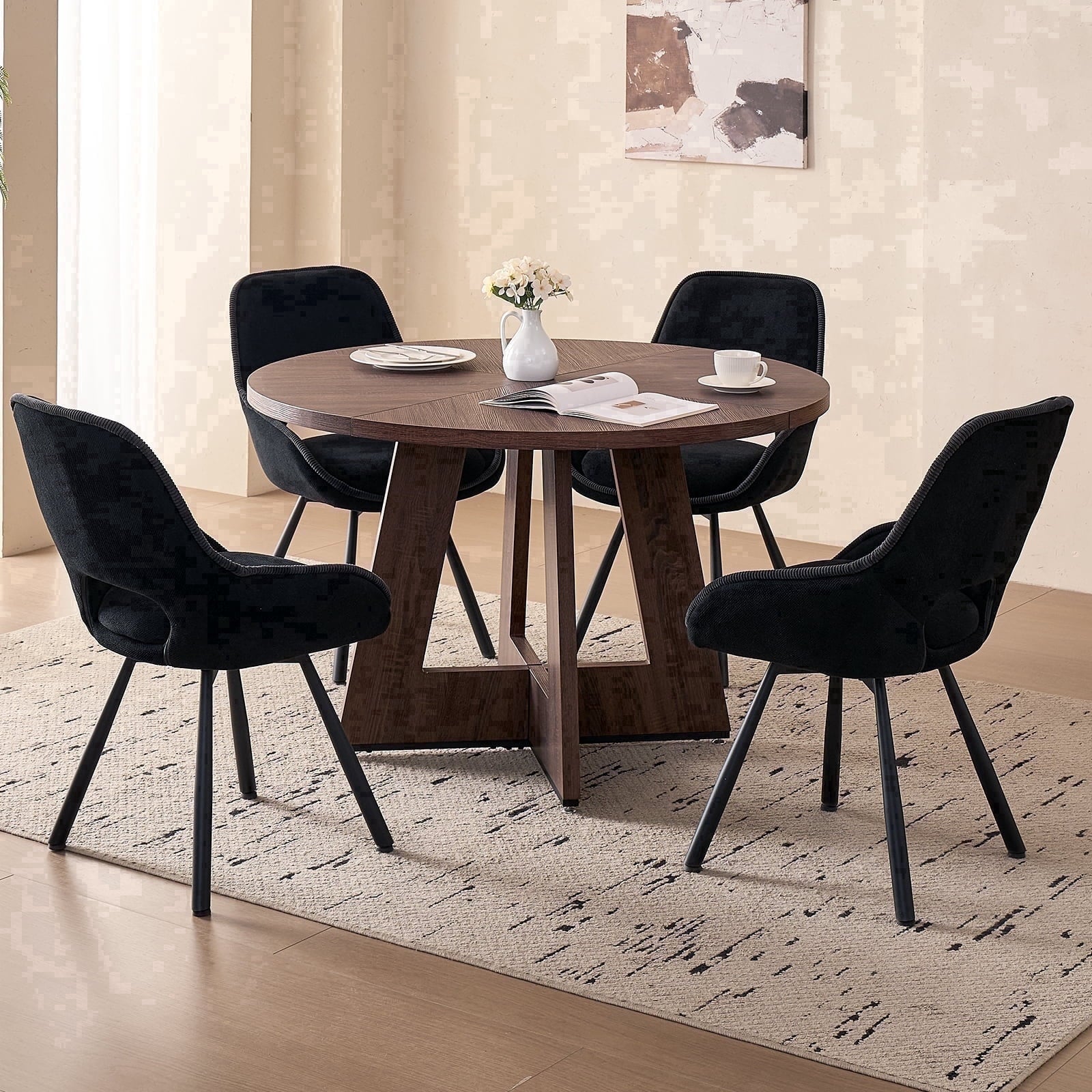 5 Piece 47'' Round Dining Table Chairs Set for 4, Farmhouse Oak Kitchen Table with 4 Boucle Mid Century Modern Dinning Room Chairs, Wood Dinner Table &Upholstered Chair Set of 4, Beige