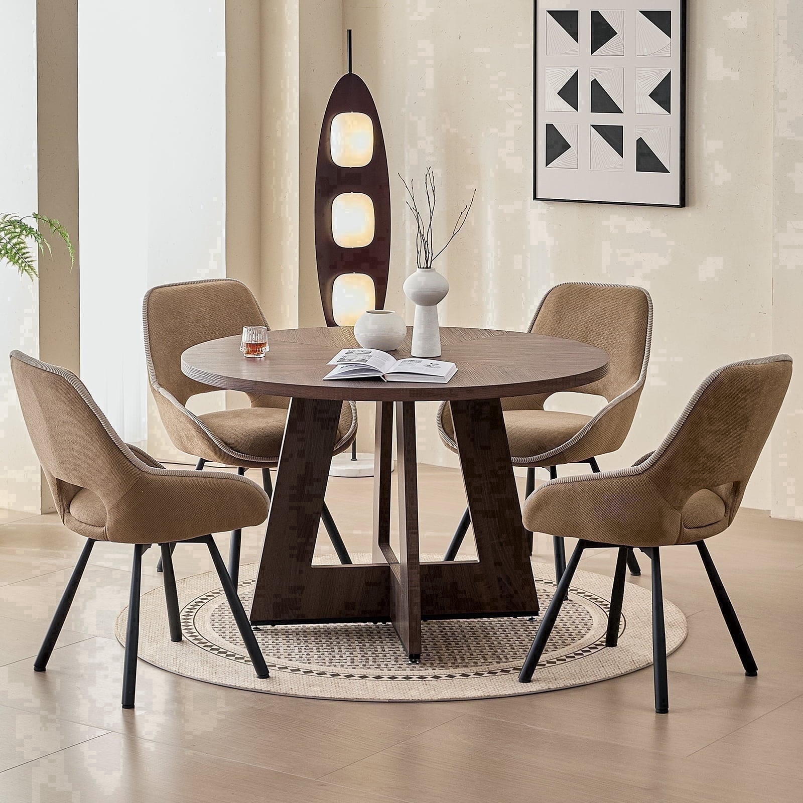 5 Piece 47'' Round Dining Table Chairs Set for 4, Farmhouse Oak Kitchen Table with 4 Boucle Mid Century Modern Dinning Room Chairs, Wood Dinner Table &Upholstered Chair Set of 4, Beige