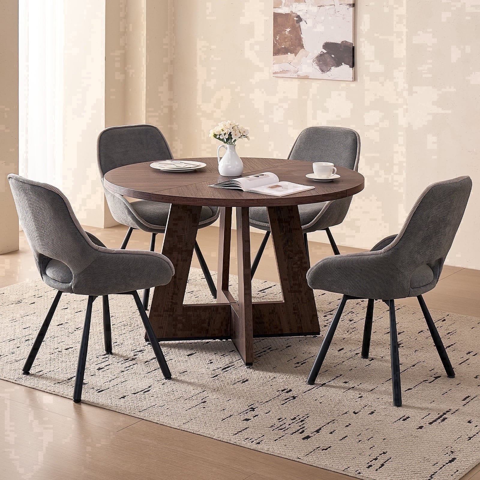5 Piece 47'' Round Dining Table Chairs Set for 4, Farmhouse Oak Kitchen Table with 4 Boucle Mid Century Modern Dinning Room Chairs, Wood Dinner Table &Upholstered Chair Set of 4, Beige