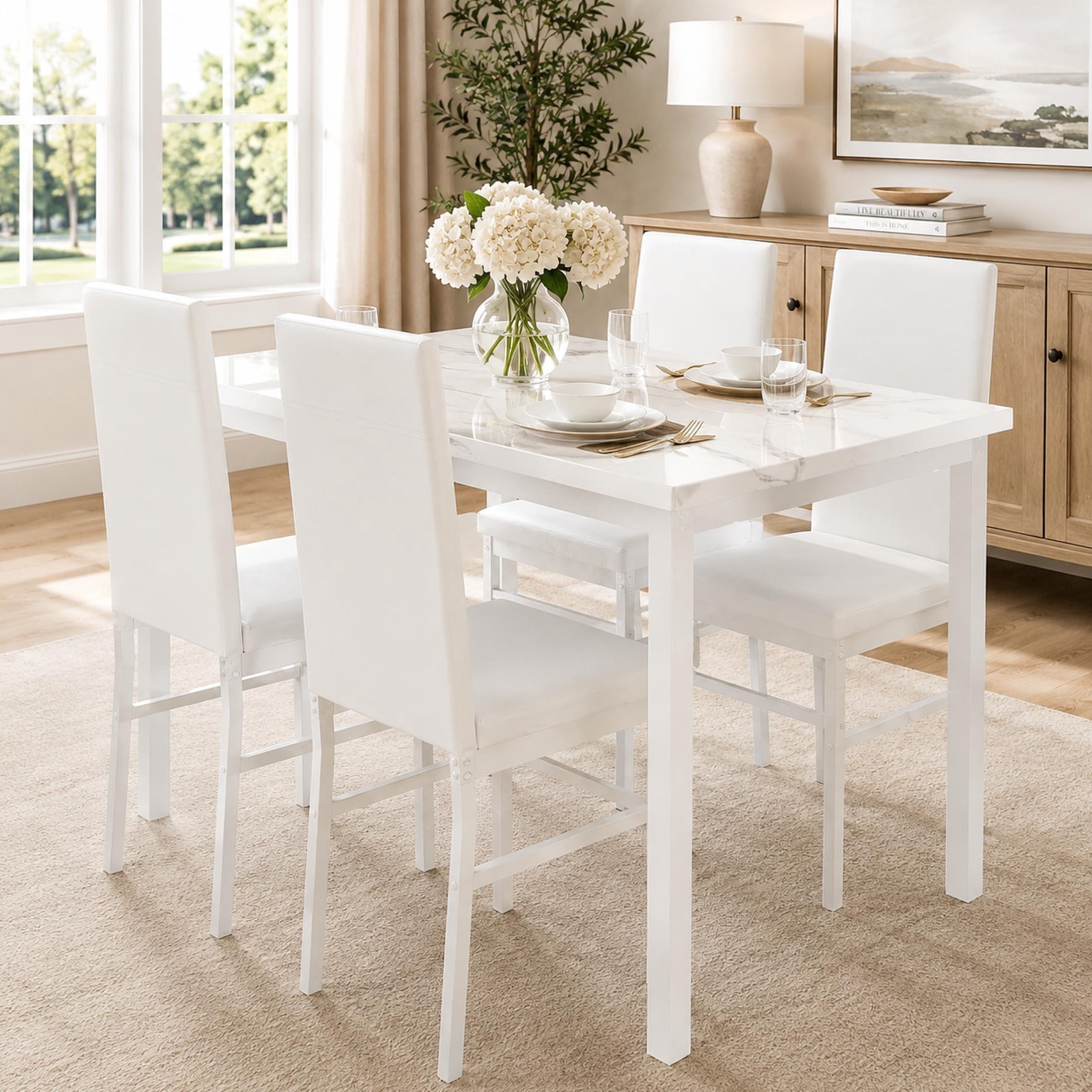 UHOMEPRO Dining Table Set for 4, 5 Piece Dining Room Table Set with Gray Velvet Upholstered Chairs, White Faux Marble Pattern Rectangle Kitchen Table Set for Breakfast Nook Small Space