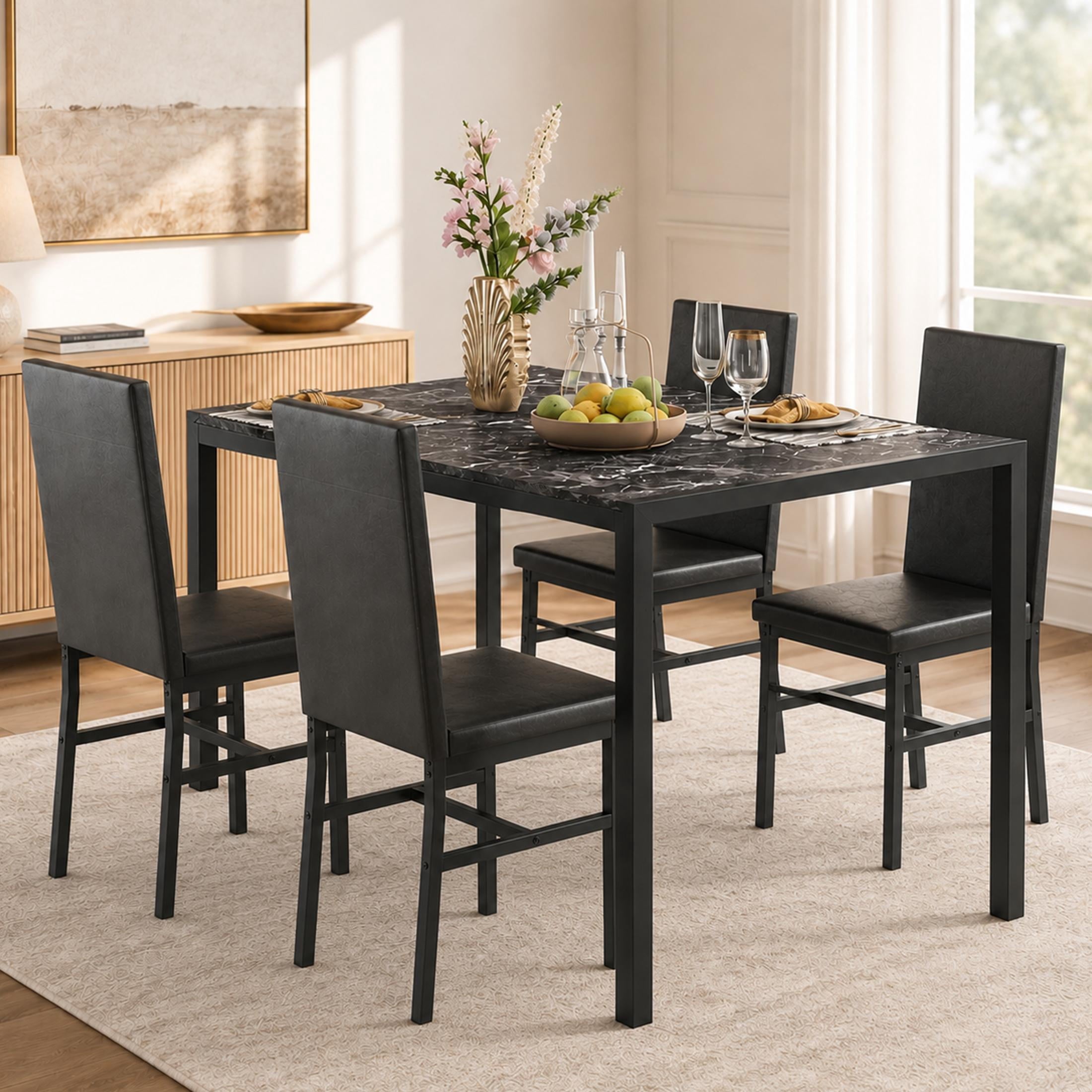 UHOMEPRO Dining Table Set for 4, 5 Piece Dining Room Table Set with Gray Velvet Upholstered Chairs, White Faux Marble Pattern Rectangle Kitchen Table Set for Breakfast Nook Small Space