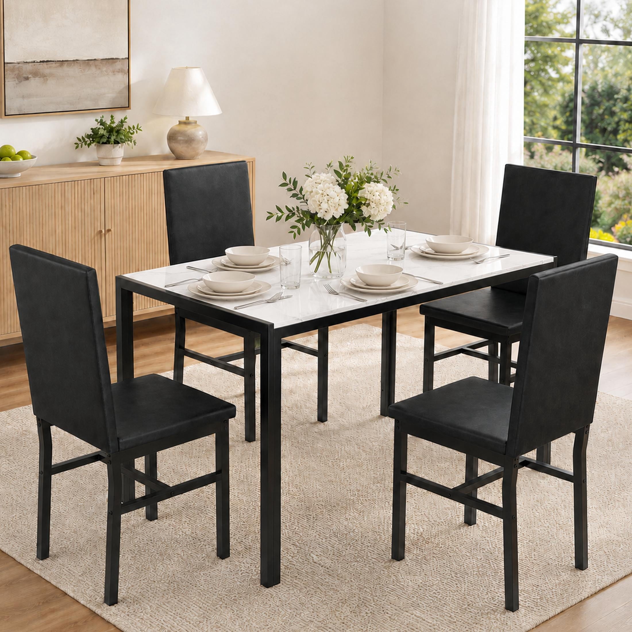 UHOMEPRO Dining Table Set for 4, 5 Piece Dining Room Table Set with Gray Velvet Upholstered Chairs, White Faux Marble Pattern Rectangle Kitchen Table Set for Breakfast Nook Small Space