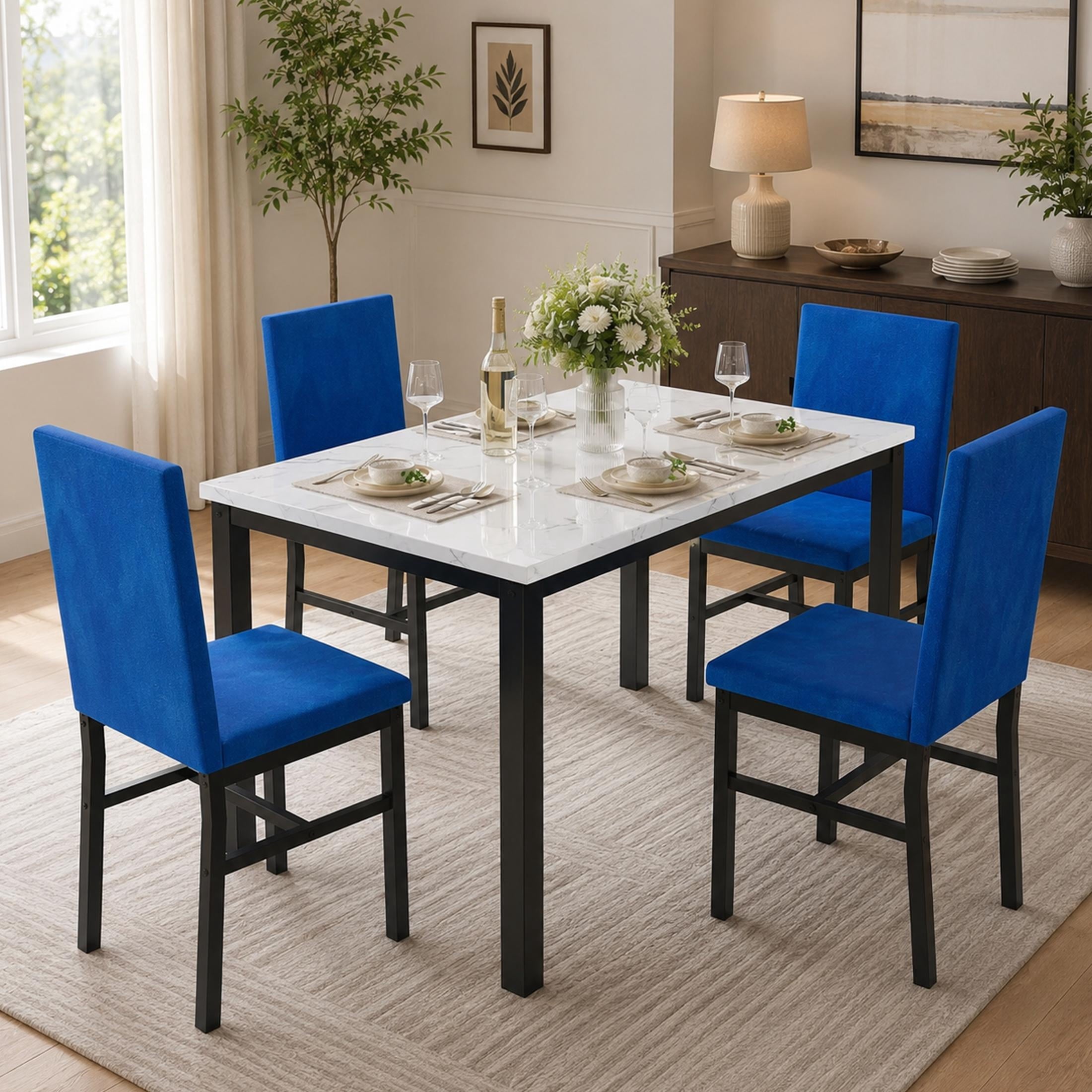 UHOMEPRO Dining Table Set for 4, 5 Piece Dining Room Table Set with Gray Velvet Upholstered Chairs, White Faux Marble Pattern Rectangle Kitchen Table Set for Breakfast Nook Small Space
