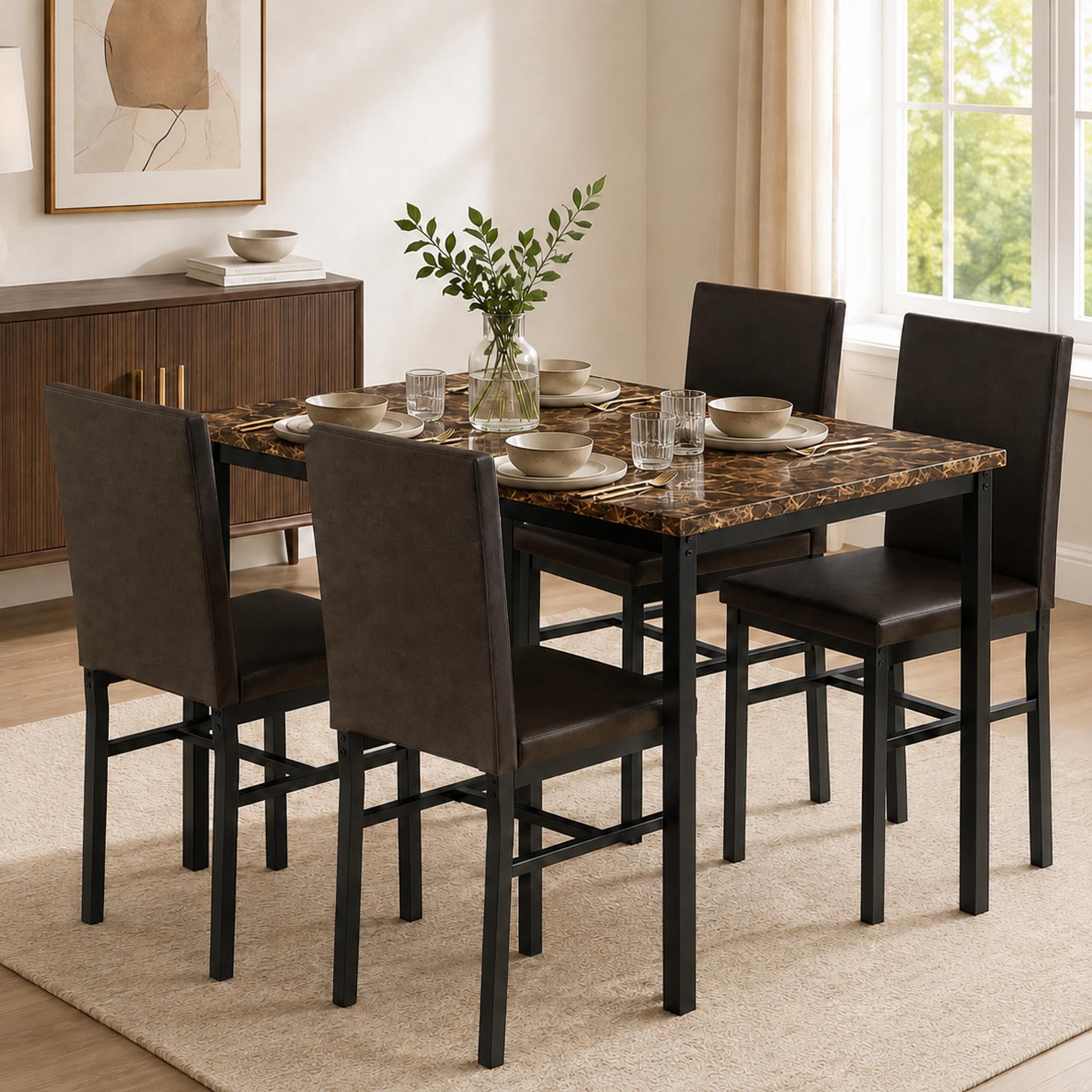 UHOMEPRO Dining Table Set for 4, 5 Piece Dining Room Table Set with Gray Velvet Upholstered Chairs, White Faux Marble Pattern Rectangle Kitchen Table Set for Breakfast Nook Small Space