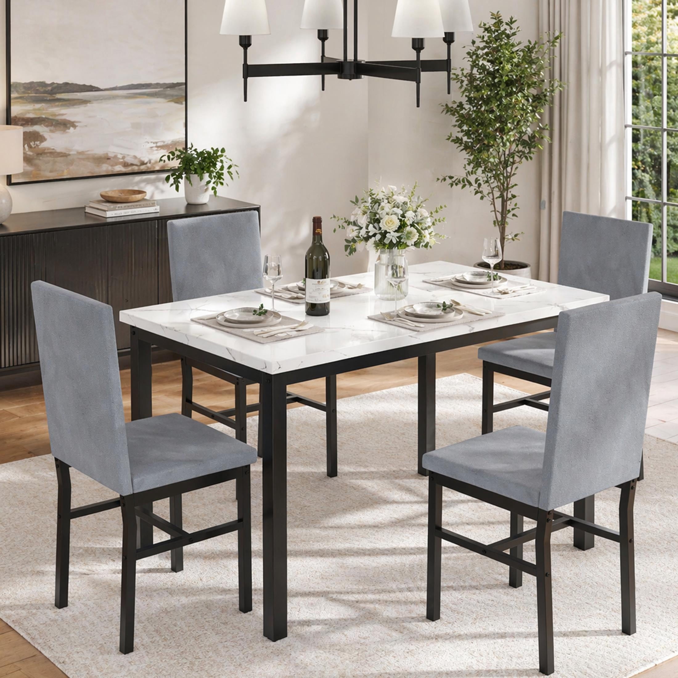 UHOMEPRO Dining Table Set for 4, 5 Piece Dining Room Table Set with Gray Velvet Upholstered Chairs, White Faux Marble Pattern Rectangle Kitchen Table Set for Breakfast Nook Small Space