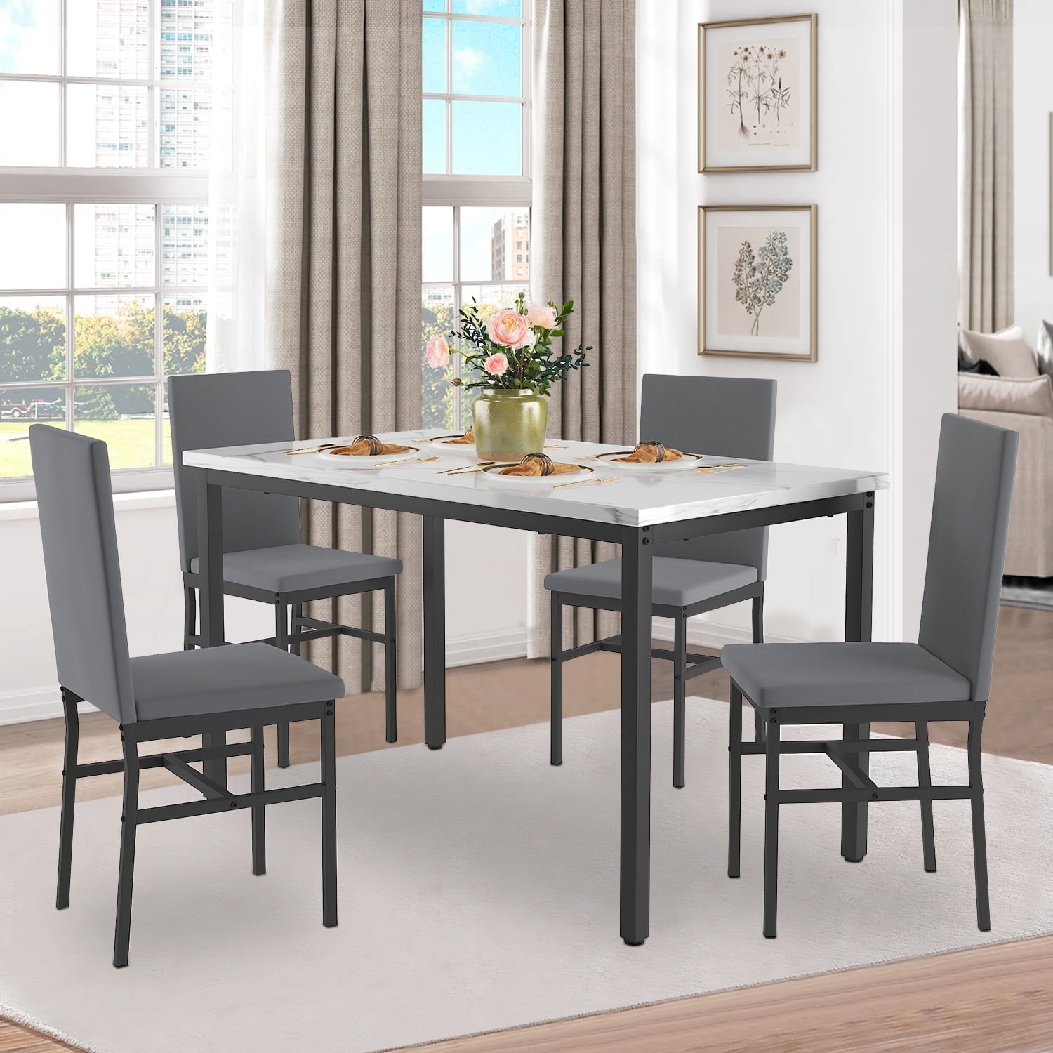 5 Piece Dining Table Set, Modern Faux Marble Tabletop and 4 PU Leather Upholstered Chairs, Rectangle Kitchen Table and Chairs for 4 Persons, Small Dining Set for Bar Dining Room Breakfast Nook