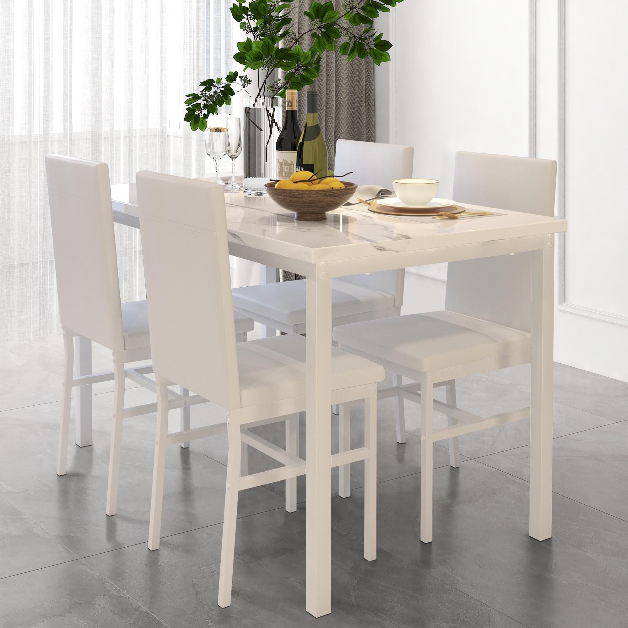 5 Piece Dining Table Set, Modern Faux Marble Tabletop and 4 PU Leather Upholstered Chairs, Rectangle Kitchen Table and Chairs for 4 Persons, Small Dining Set for Bar Dining Room Breakfast Nook