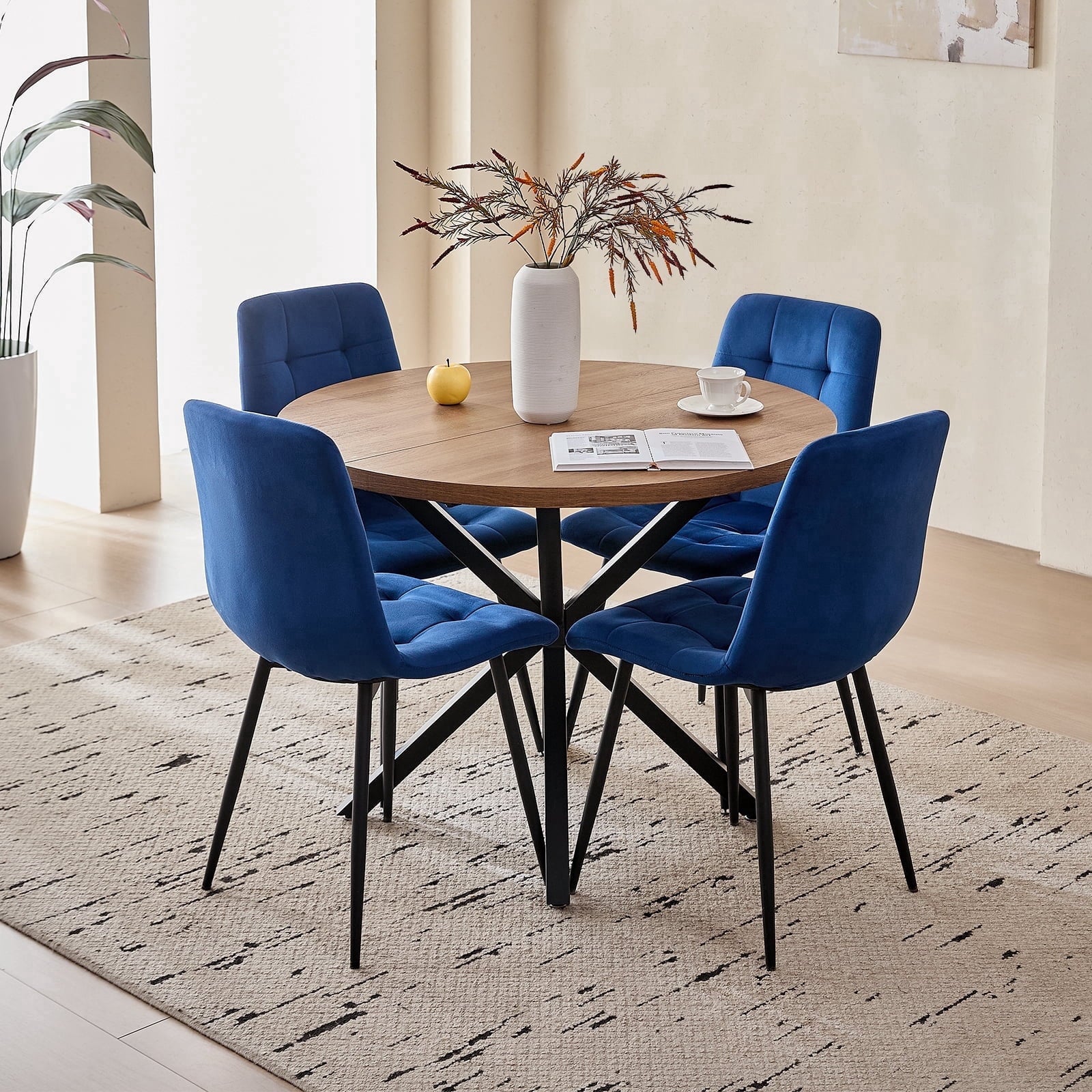 5 Piece 39 Round Dining Table Set for 4, Mid Century Kitchen Table with 4 Khaki Fabric Upholstered Dining Chairs for Apartment Living Room, Space Saving Table.