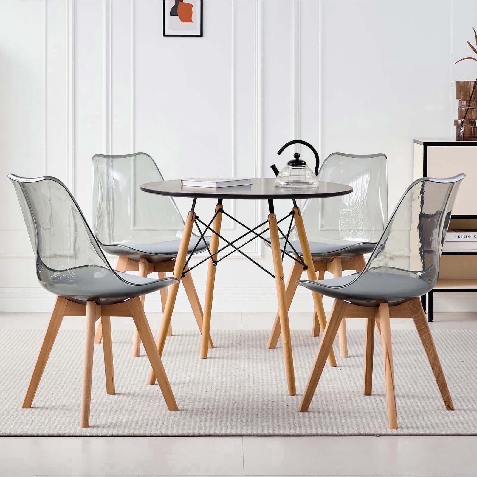 5-Piece 35.5'' Round Dining Table Set for 4, Kitchen Table Chair Set of 4, Mid-Century Modern Dinette Dining Room Table Set Dinner Table for 4 W/Solid Wood Legs, White