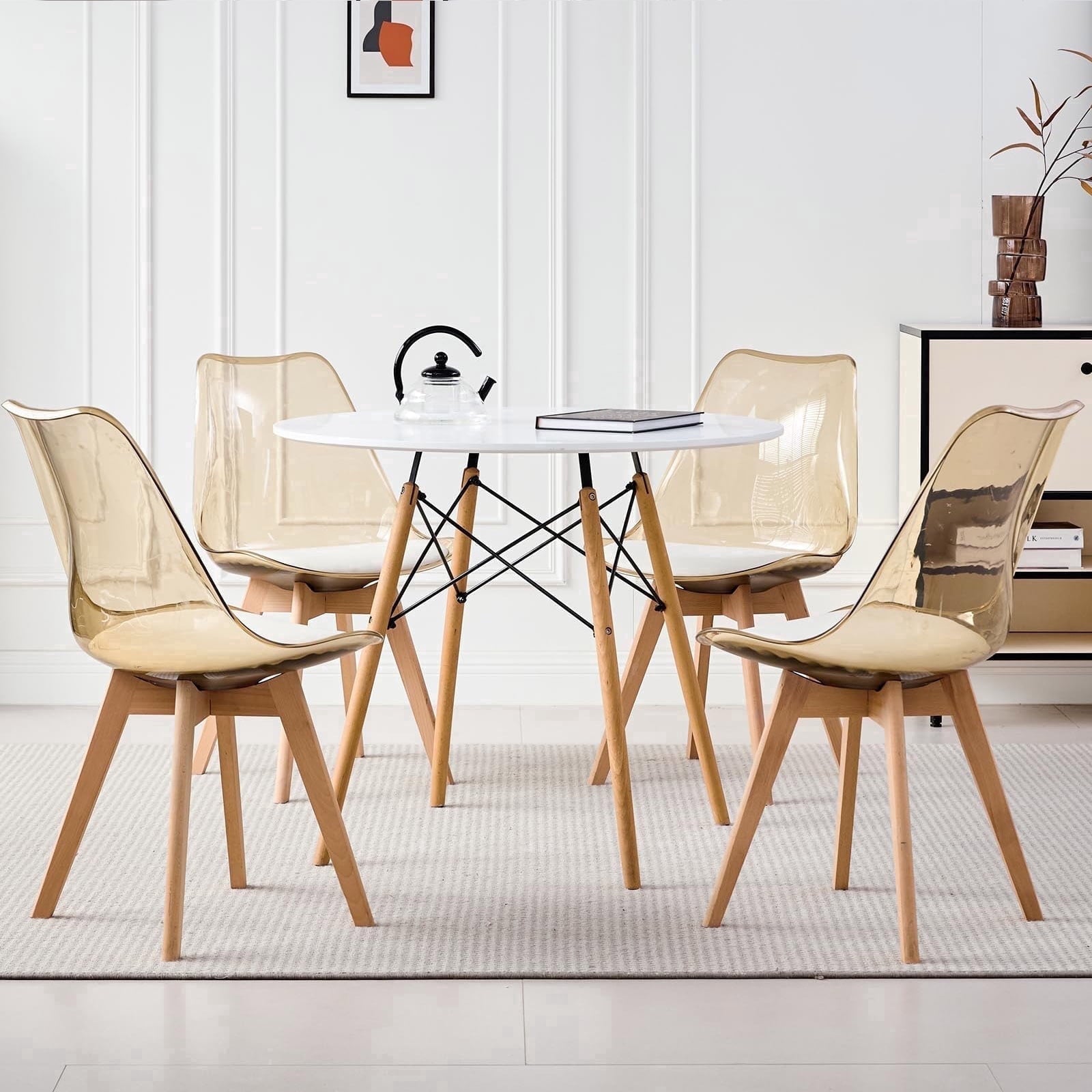 5-Piece 35.5'' Round Dining Table Set for 4, Kitchen Table Chair Set of 4, Mid-Century Modern Dinette Dining Room Table Set Dinner Table for 4 W/Solid Wood Legs, White