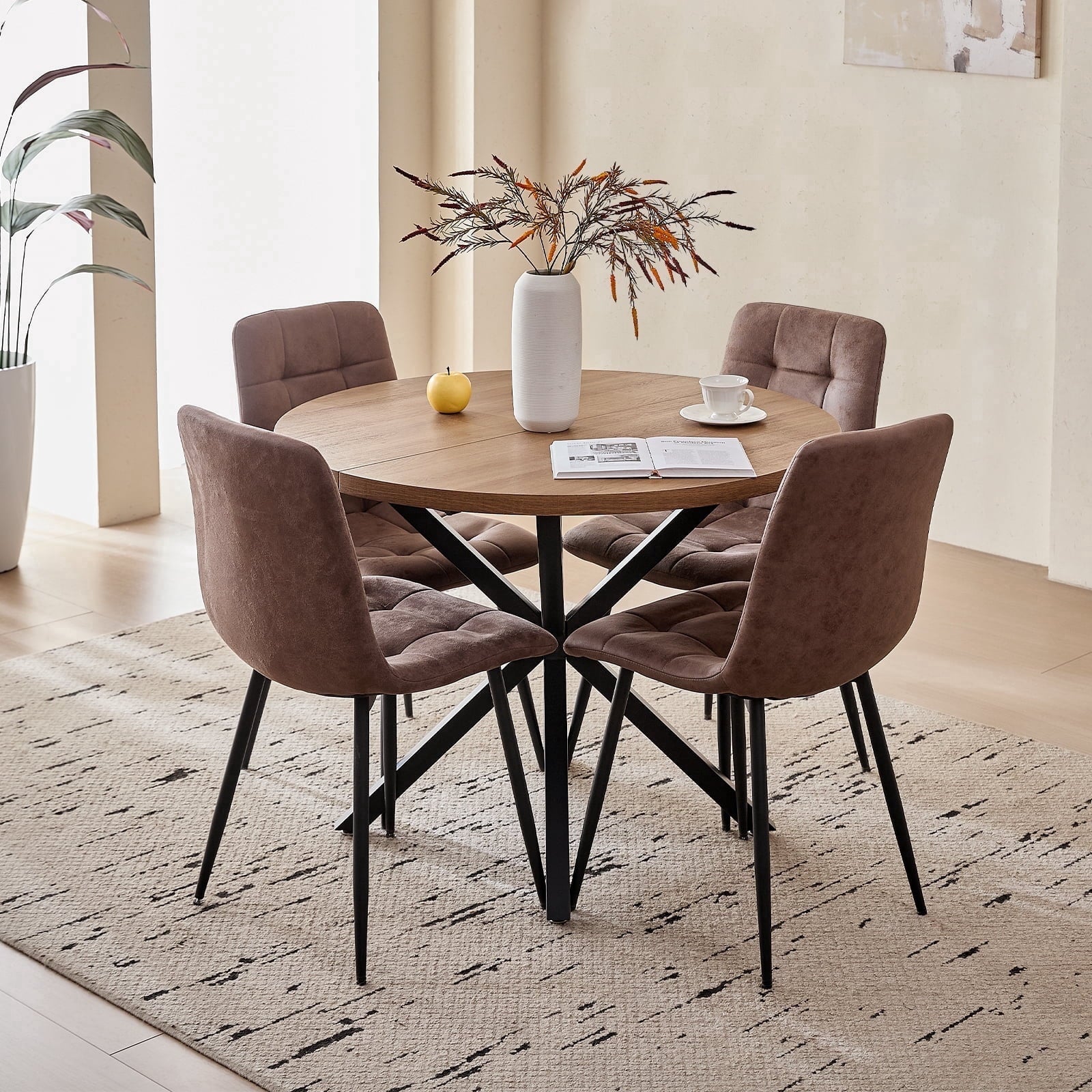 5 Piece 39 Round Dining Table Set for 4, Mid Century Kitchen Table with 4 Khaki Fabric Upholstered Dining Chairs for Apartment Living Room, Space Saving Table.