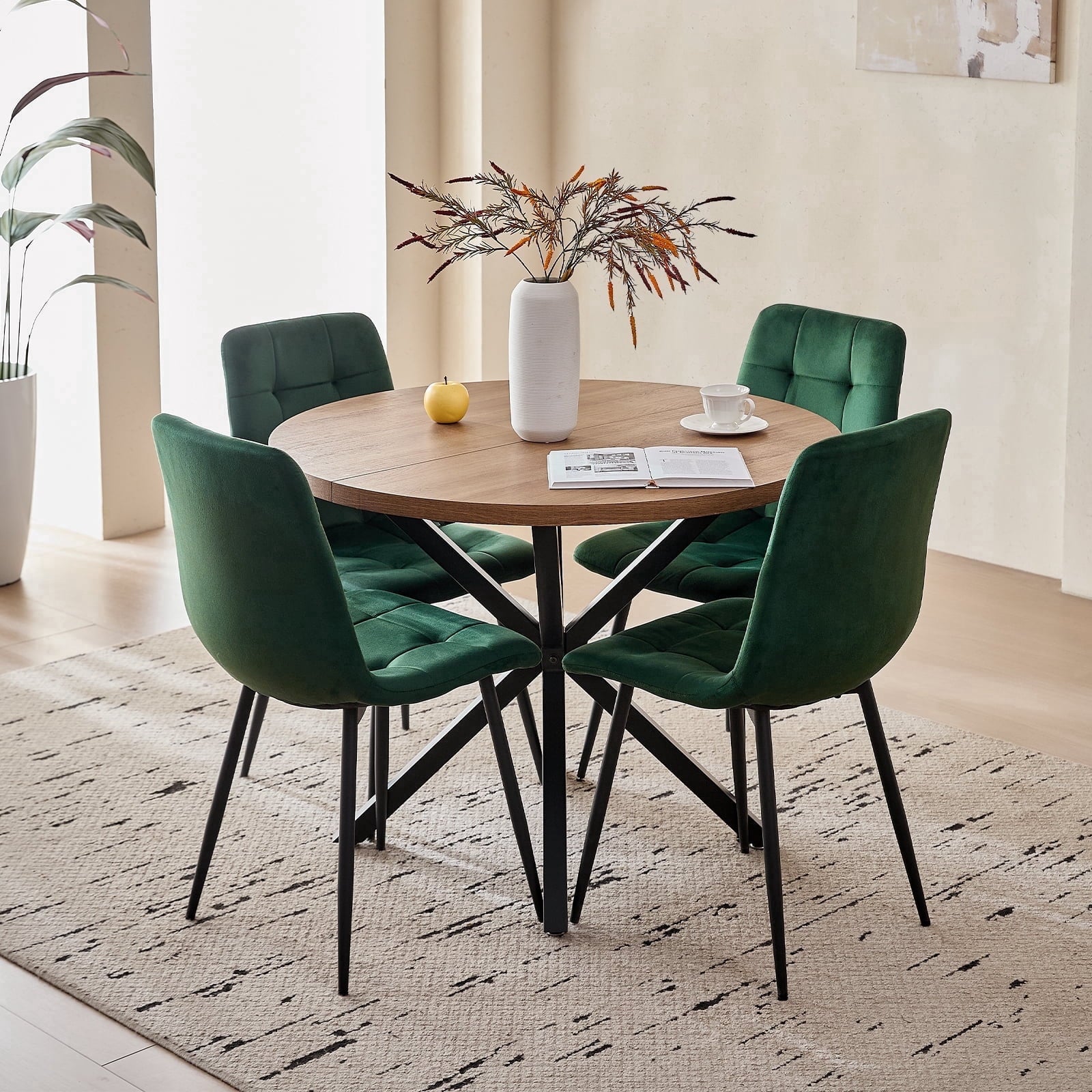5 Piece 39 Round Dining Table Set for 4, Mid Century Kitchen Table with 4 Khaki Fabric Upholstered Dining Chairs for Apartment Living Room, Space Saving Table.