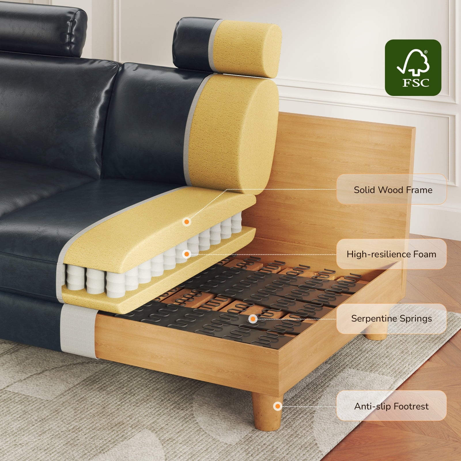 87 Sofa Premium PU Leather Couch with Headrest, Comfy 27 Extra Deep Seat 3 Seater Sofa for Living Room, Includes 2 Pillows, Black