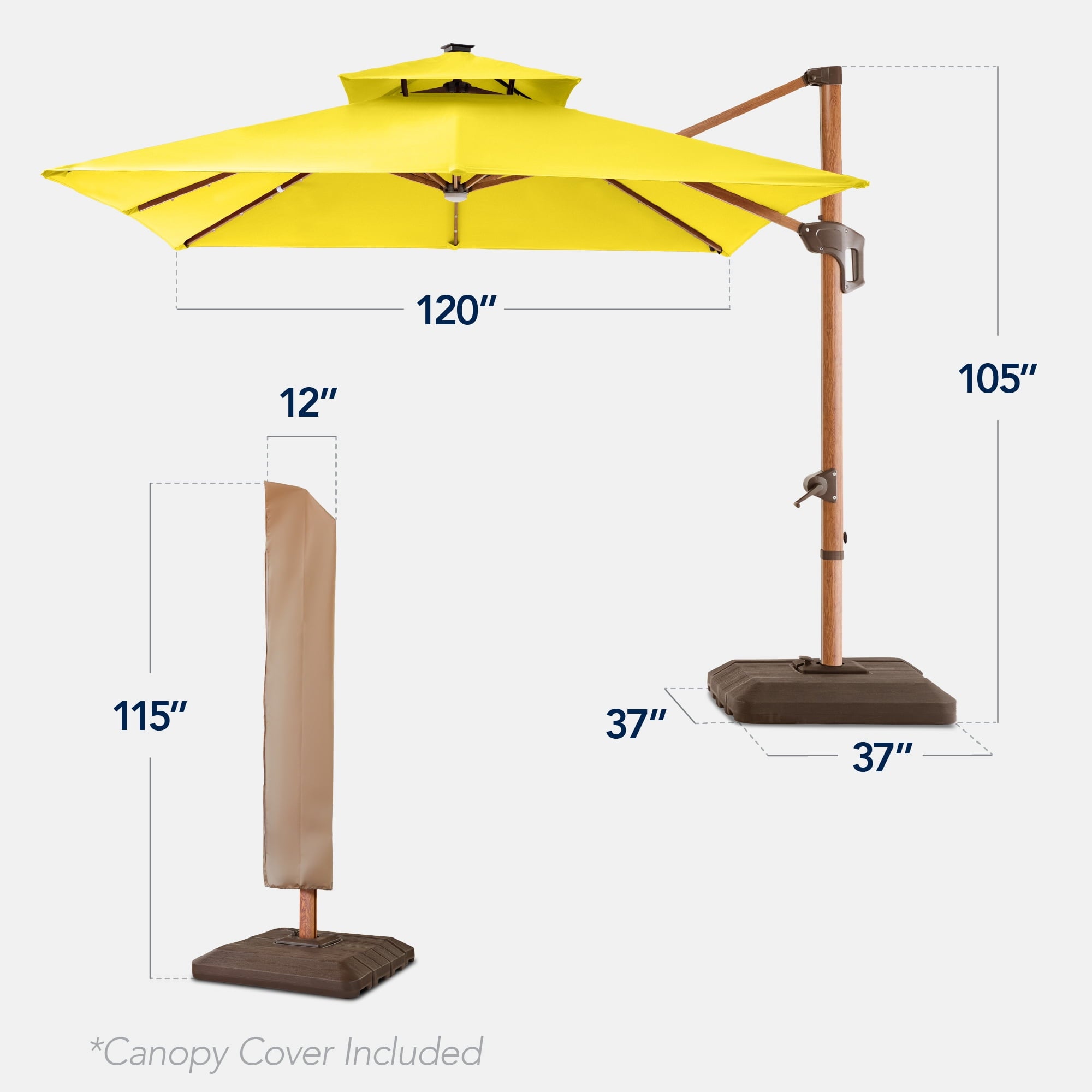 Best Choice Products 10ft Square Woodgrain Pattern 2-Tier Outdoor Solar LED Cantilever Umbrella w/ Base - Gray