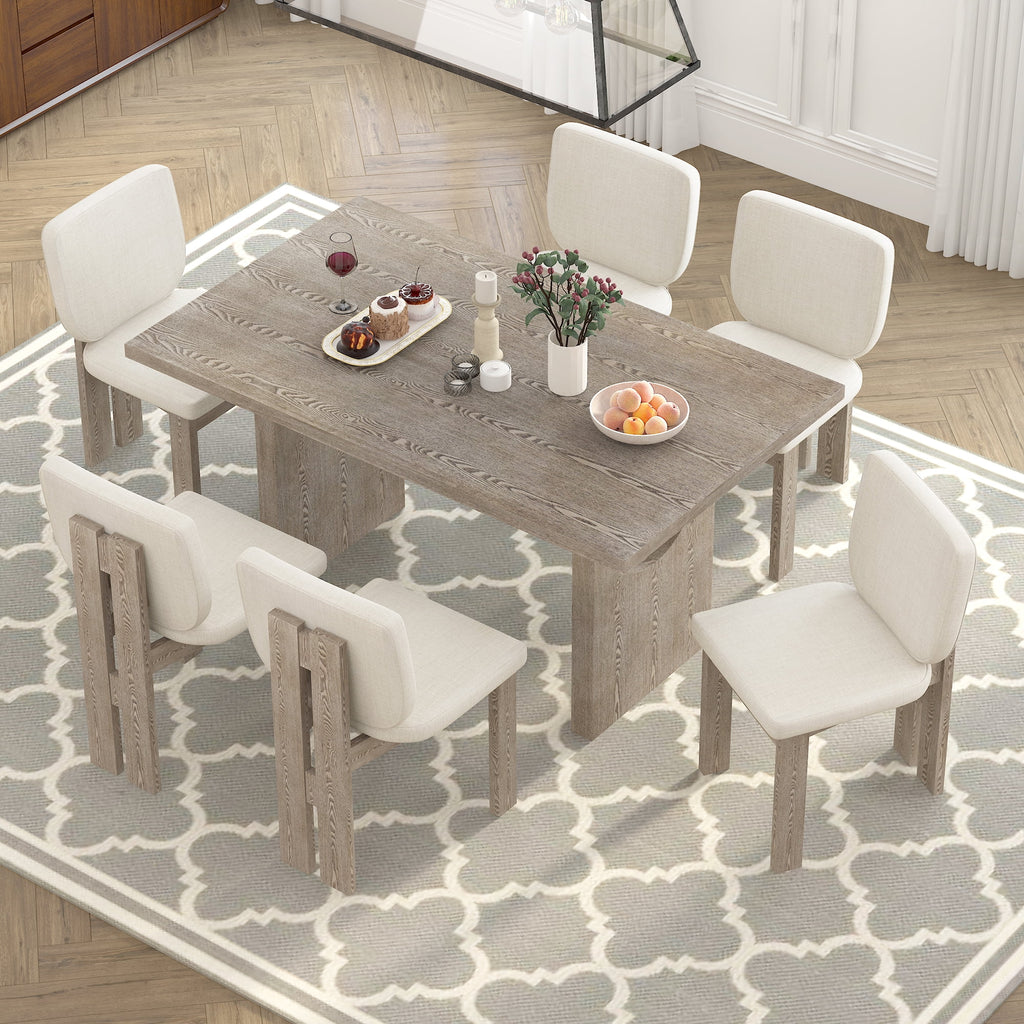 Harper & Bright Designs 7 Pieces Retro Dining Set for 6, Wood Rectangular Table with Designed Trestle Base and 6 Upholstered Chairs for Dining Room and Kitchen, Grey