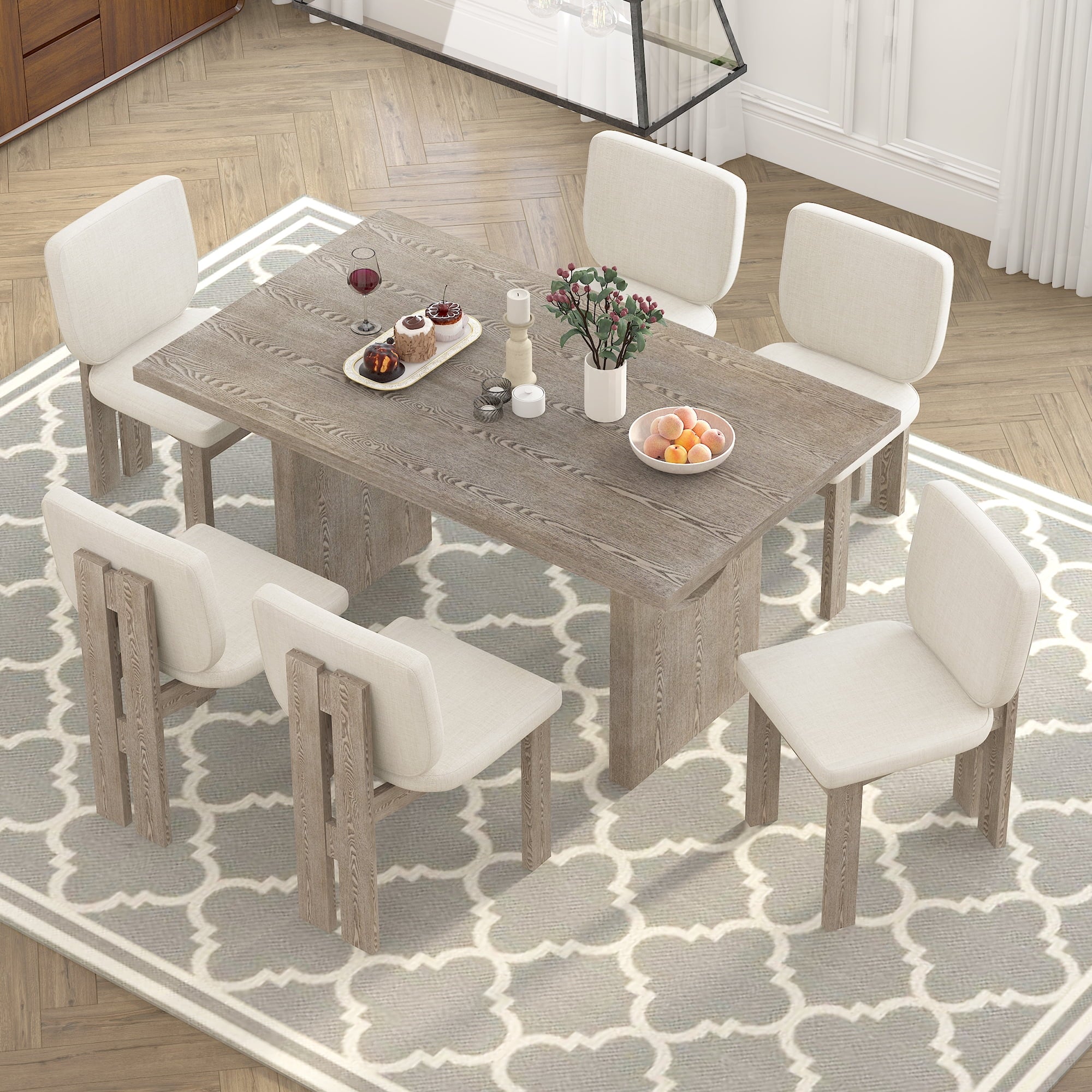Harper & Bright Designs 7 Pieces Retro Dining Set for 6, Wood Rectangular Table with Designed Trestle Base and 6 Upholstered Chairs for Dining Room and Kitchen, Grey