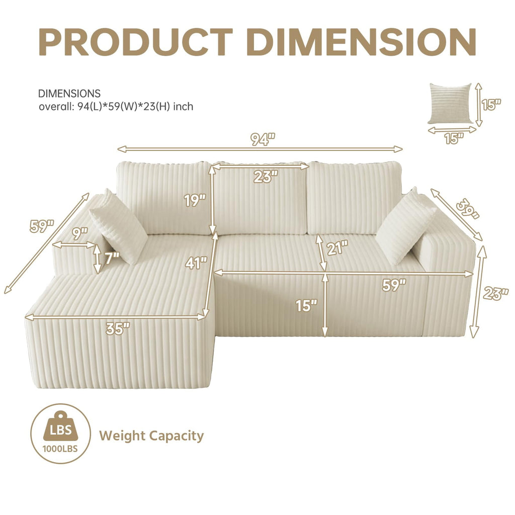 YVDNHP Modular Cloud Sofa - No Assembly Required, 107.8 Oversized L-Shaped Sectional with Chaise, Flannel Fabric Deep Seating Couch for Living Room