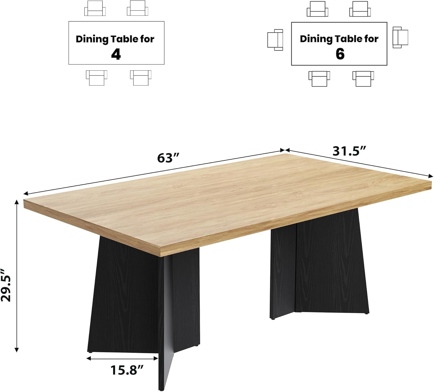 Dining Table for 6-8 People - 63 Modern Long Kitchen Table with Large Tabletop & Heavy Duty Pedestal Legs, Dinner Table for Kitchen, Conference Room, Home, Walnut