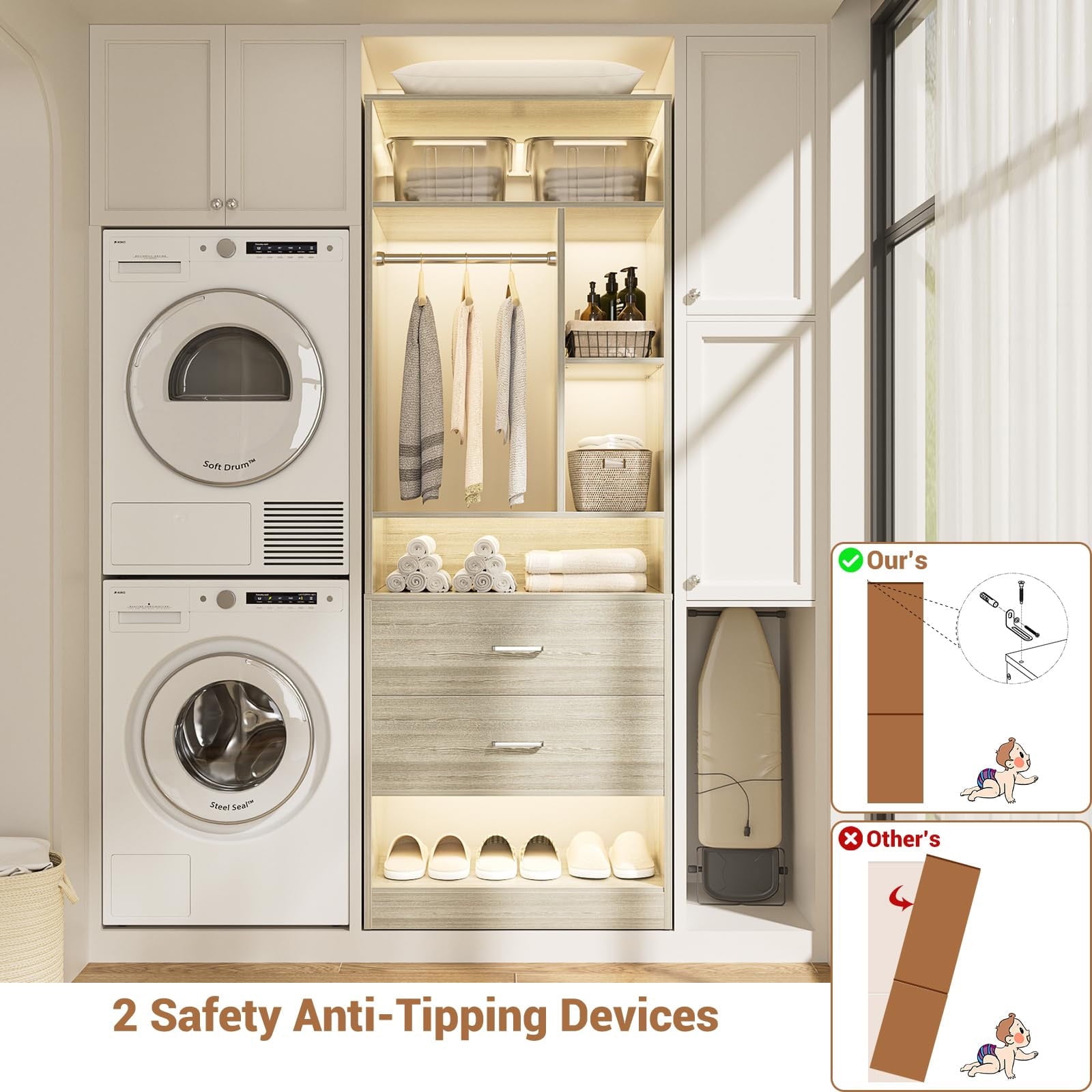 Homieasy Freestanding 24 Closet System with 2 Wood Drawers, 2FT Small Closet Organizer System with 6 Shelves & Hanging Rod, Walk-in Closet Systems for Small Closets, White