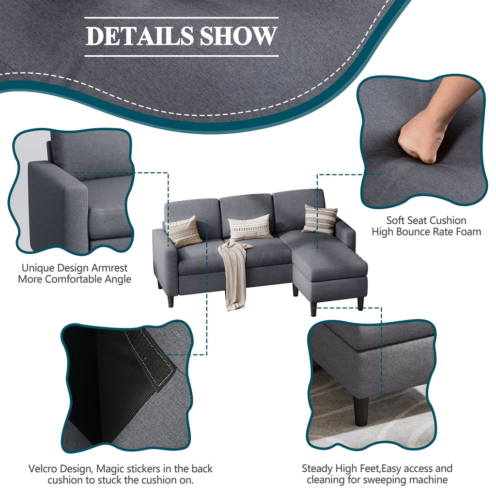Walsunny 73.6 Convertible Sectional Sofa Couch, L-Shaped 3-Seat Sofa Couch with Reversible Chaise for Small Space,Dark Gray