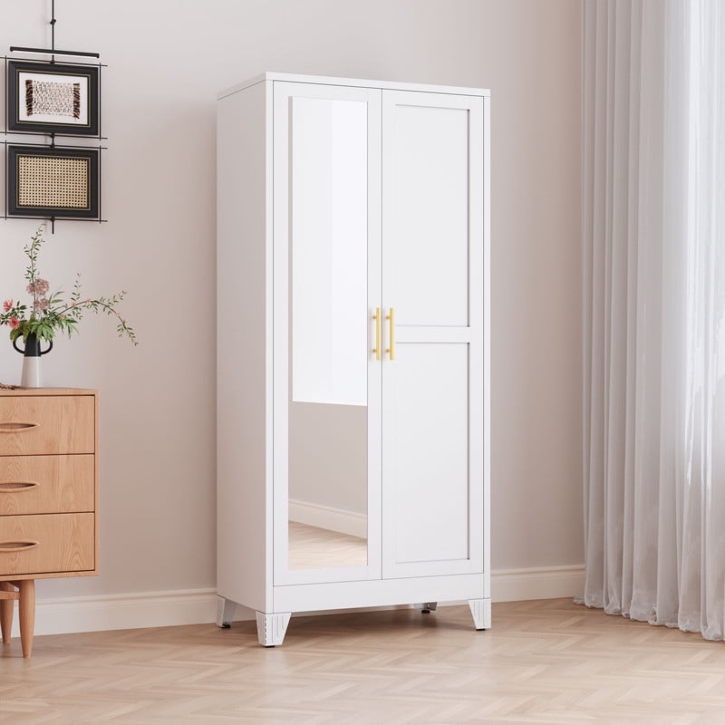 Ero Metal Freestanding Armoire Wardrobe Closet with Hanging Rod and Mirror