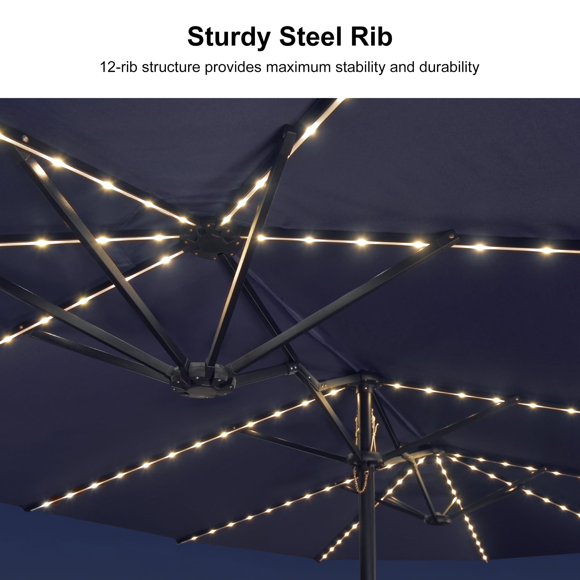 PURPLE LEAF 13ft Market Patio Umbrella with Solar LED and Base Double-Sided Sun Umbrellas for Pool Beach Deck Backyard Taupe