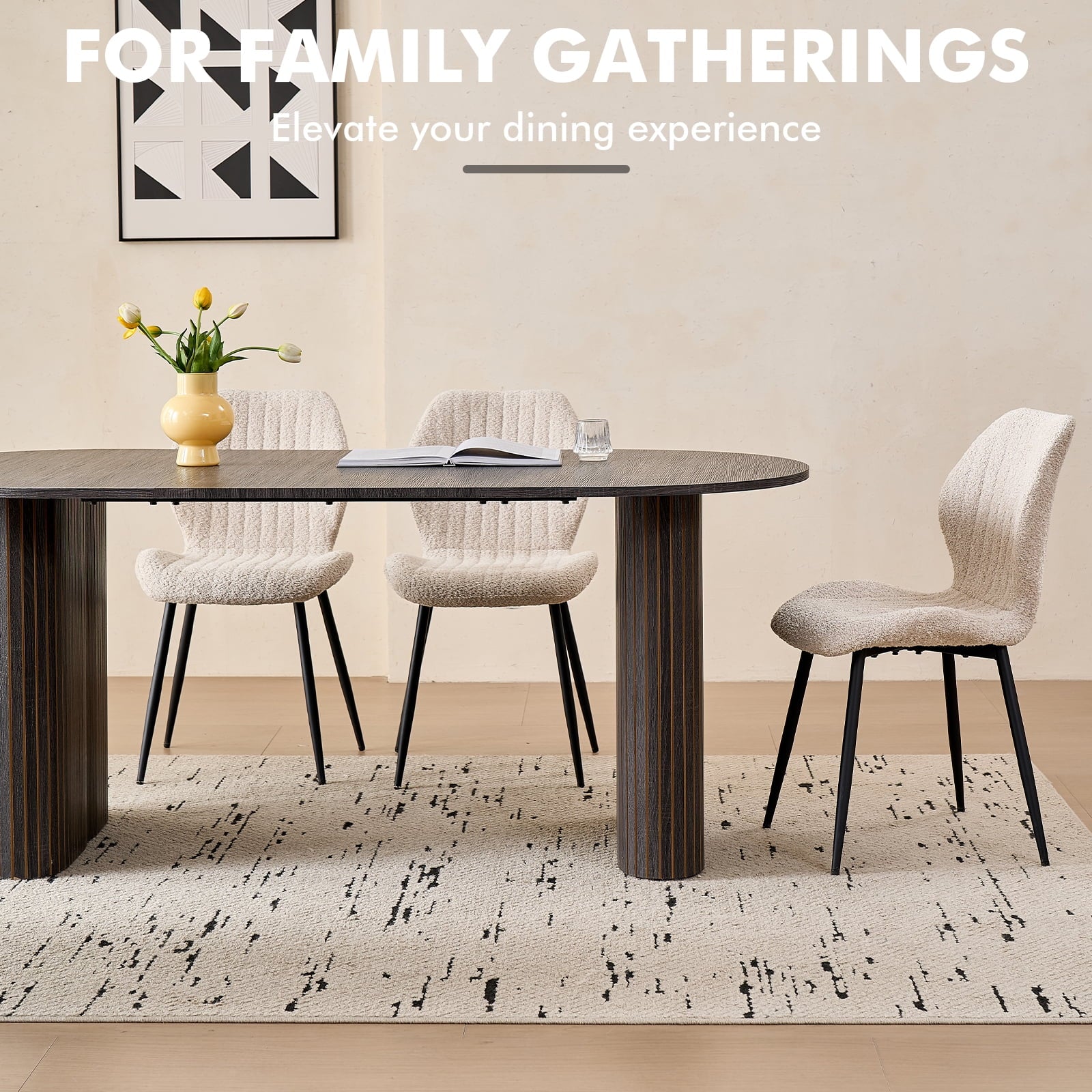 71 Natural Large Dining Table Set for 4 Modern Kitchen Table with Beige Boucle Upholstered Kitchen Chairs Set of 4