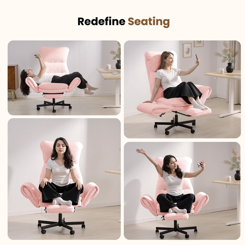 Patbrela Big and Tall Office Chair, Teddy Plush Swivel Desk Chair Ergonomic Computer Chairs with Adjustable Armrests, Beige