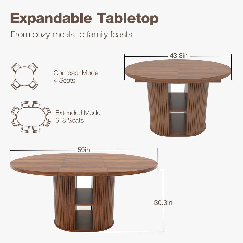 Advwin 59 Extendable Round Dining Table for 4–8, Modern Wood Oval Kitchen Table with Storage Shelf, Space-Saving Expandable Circle Dinner Table for Dining Room, Black