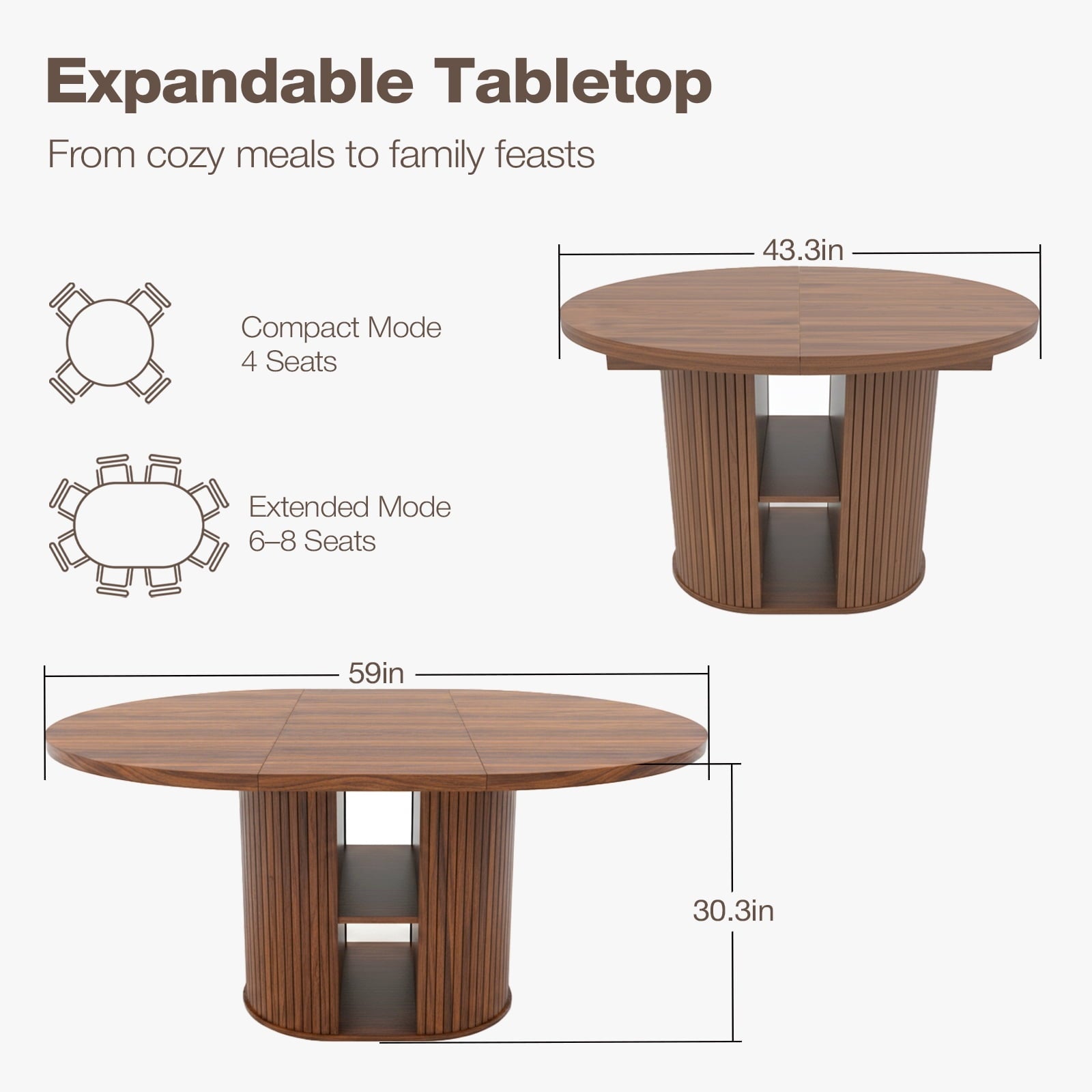 Advwin 59 Extendable Round Dining Table for 4–8, Modern Wood Oval Kitchen Table with Storage Shelf, Space-Saving Expandable Circle Dinner Table for Dining Room, Black