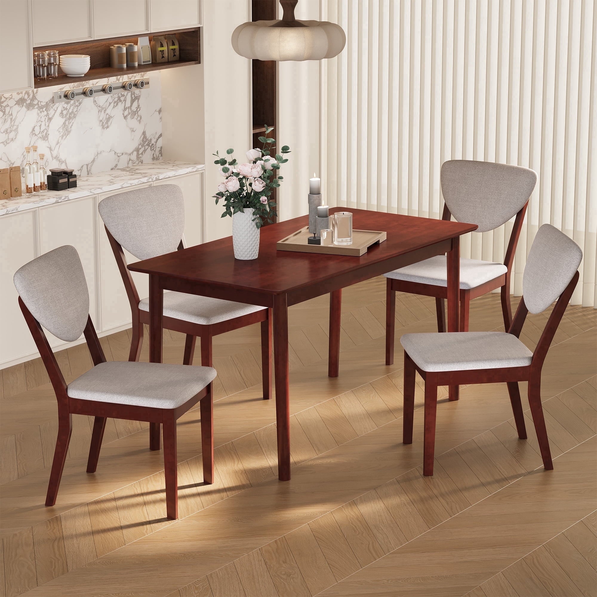 Asofer 5-Piece Dining Table Set for 4, Mid-Century Modern Solid Wood  Kitchen Table and 4 Upholstered Chairs, Small Space Rubberwood Dinette Set for Apartment, Walnut