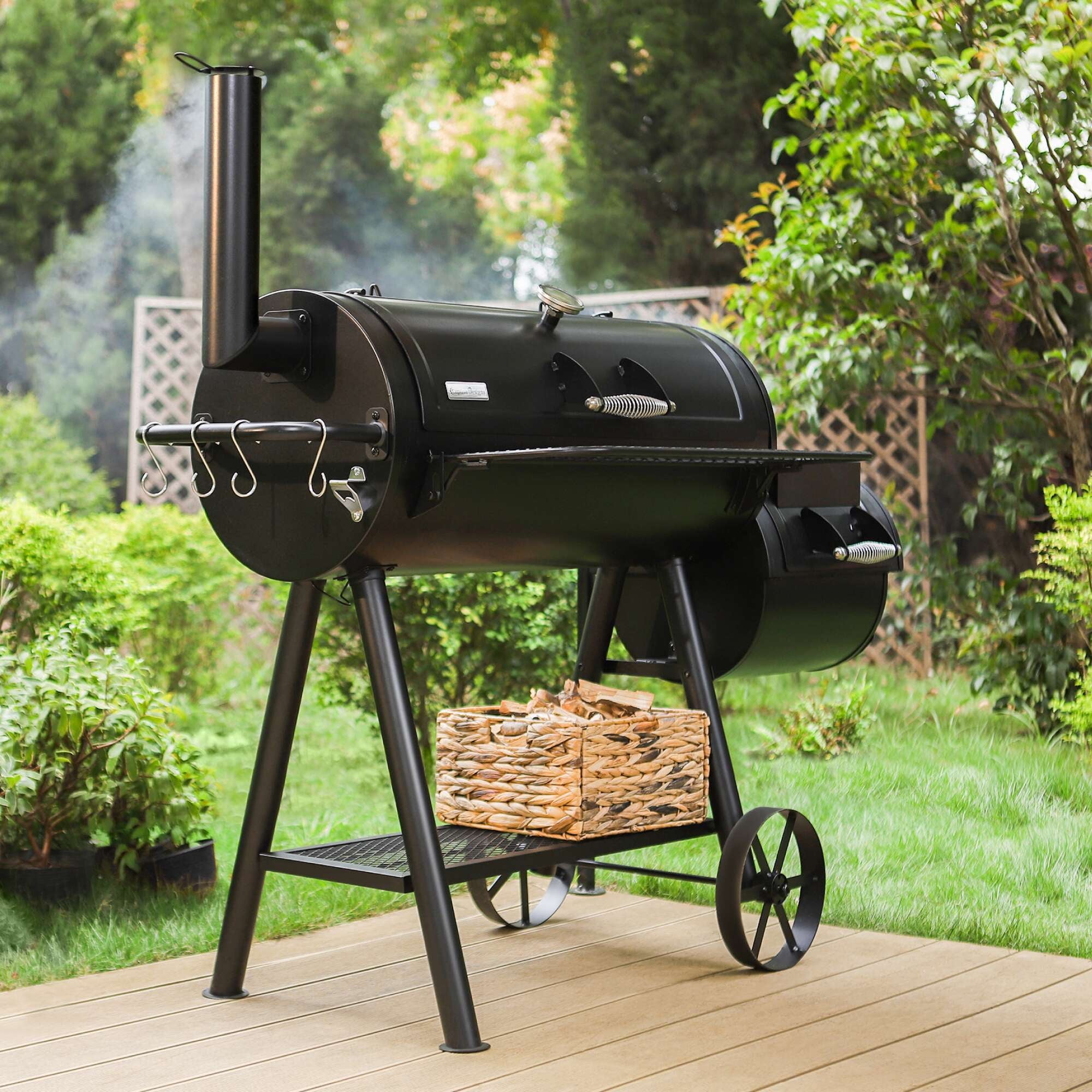 PHI VILLA 28 Charcoal Grill with Offset Smoker Black